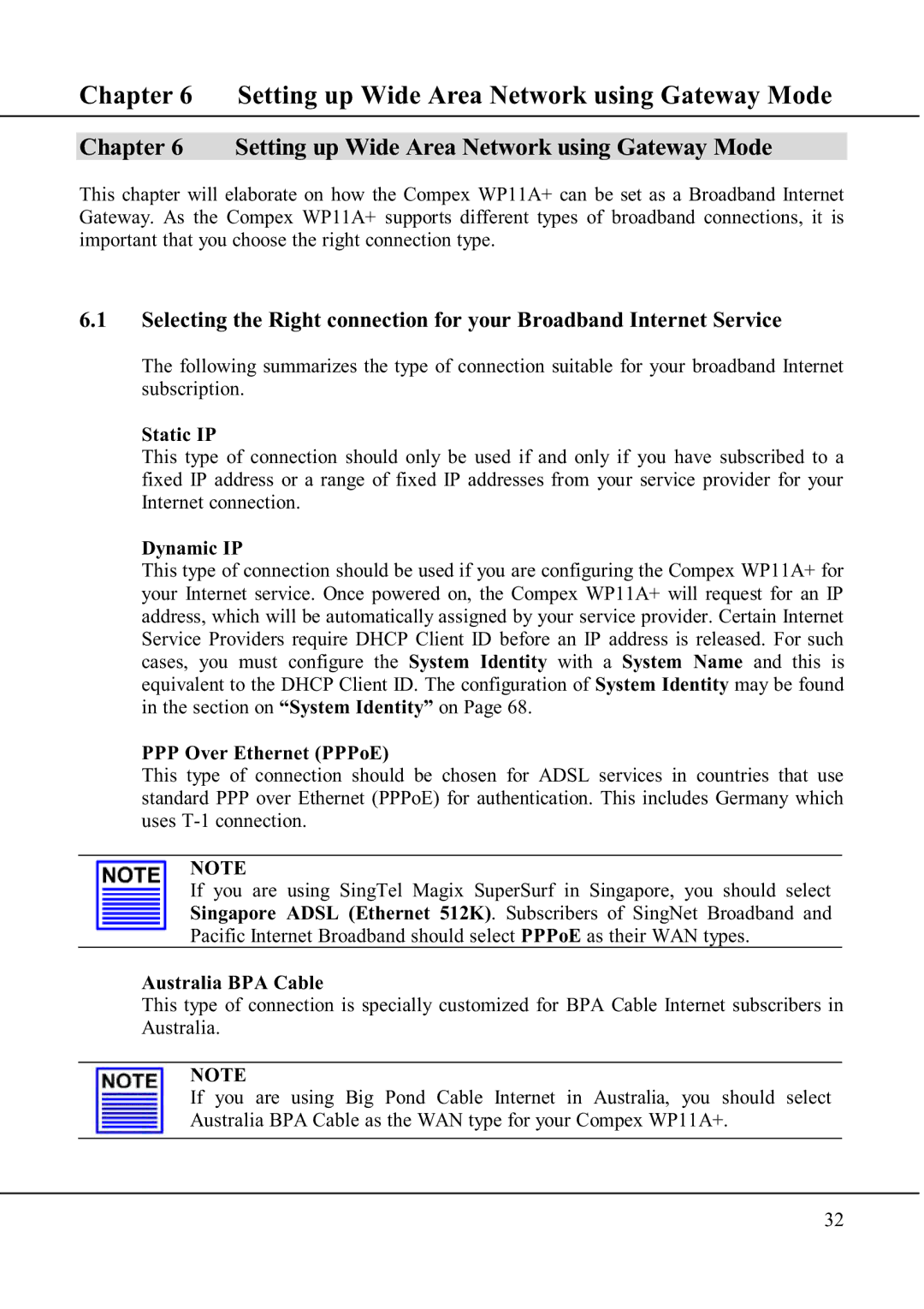 Compex Technologies WP11A+ manual Setting up Wide Area Network using Gateway Mode 