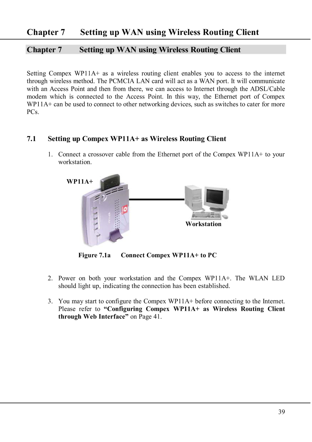 Compex Technologies WP11A+ manual Setting up WAN using Wireless Routing Client 