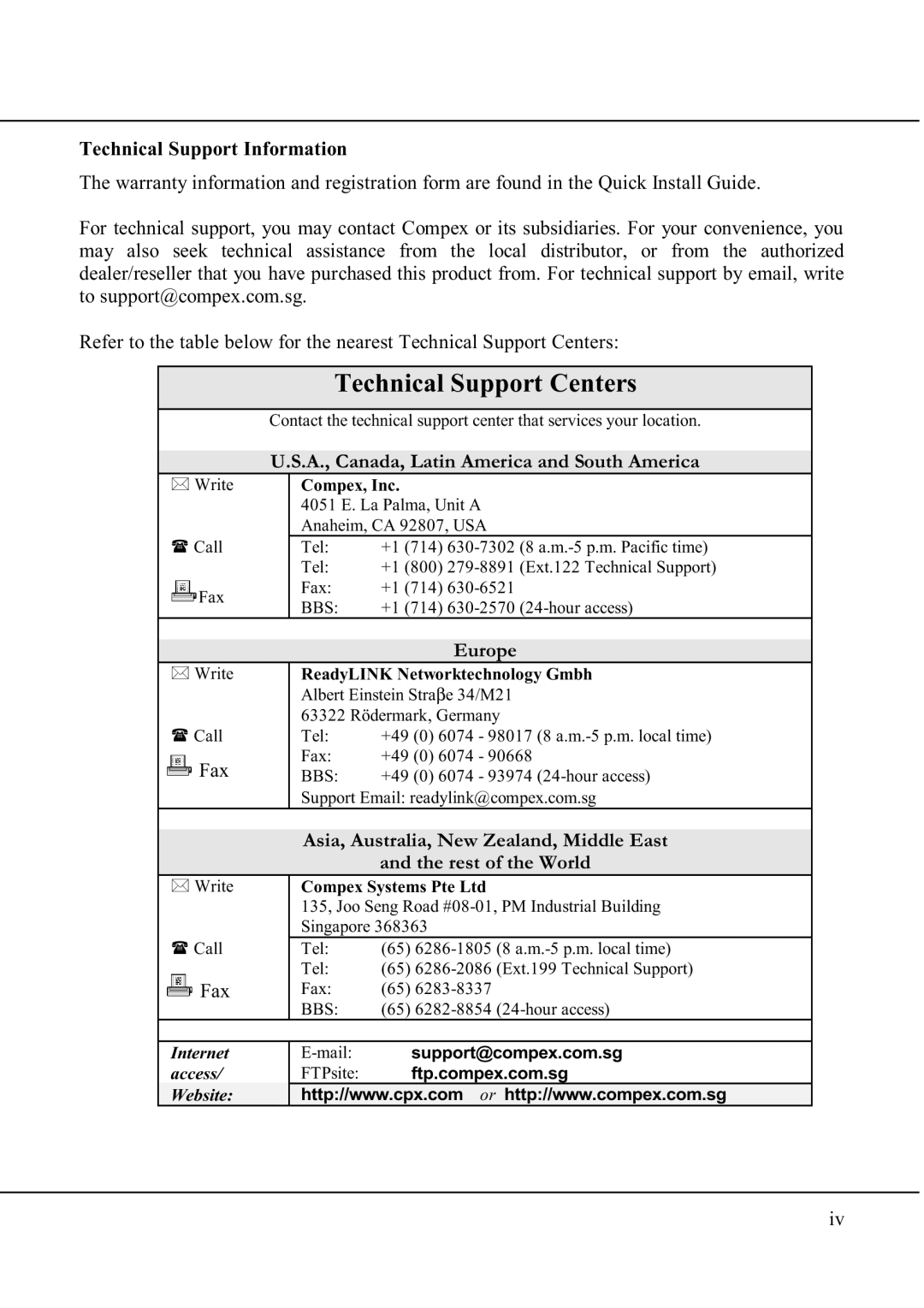 Compex Technologies WP11A+ manual Technical Support Centers, A., Canada, Latin America and South America 