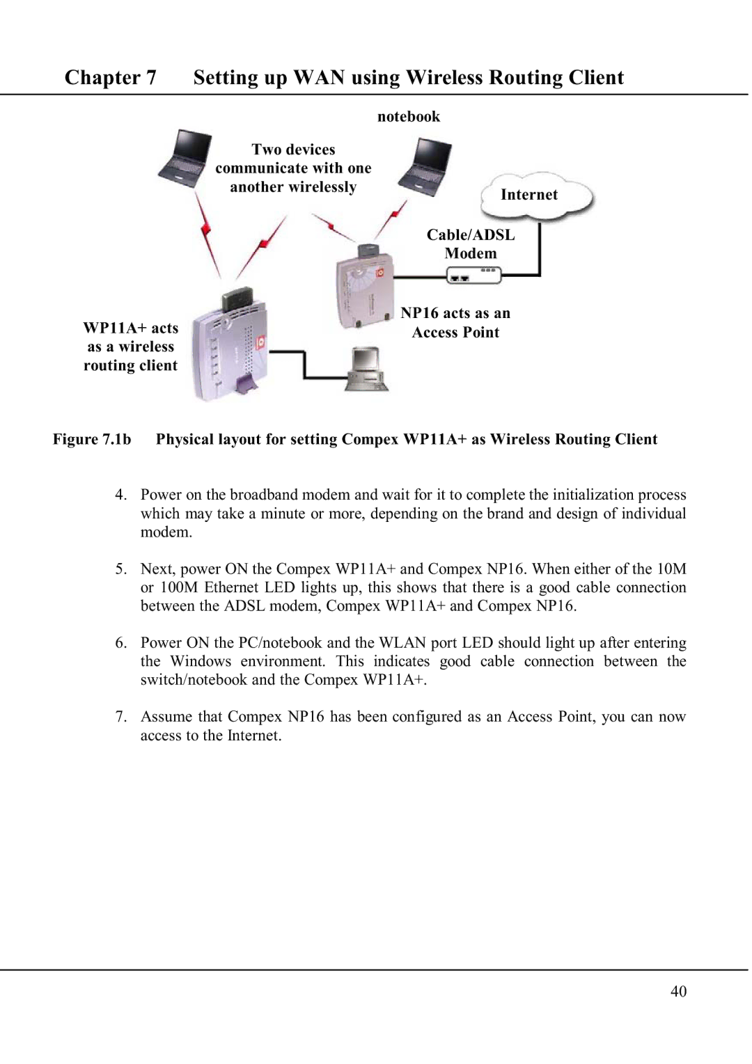 Compex Technologies WP11A+ manual Setting up WAN using Wireless Routing Client 