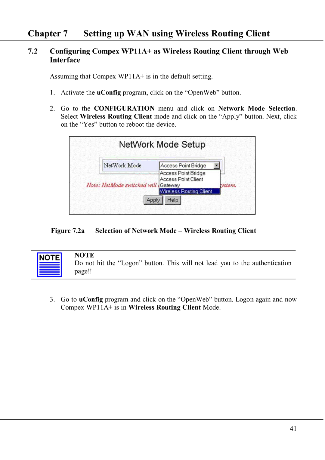 Compex Technologies WP11A+ manual Setting up WAN using Wireless Routing Client 