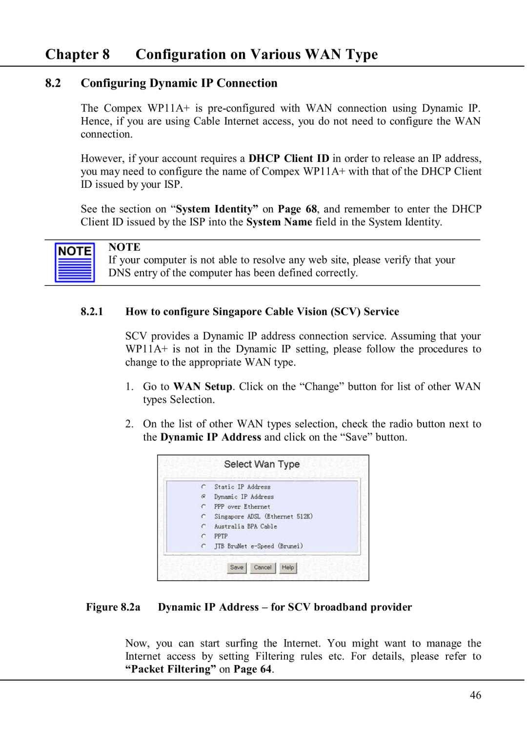 Compex Technologies WP11A+ manual Configuring Dynamic IP Connection 