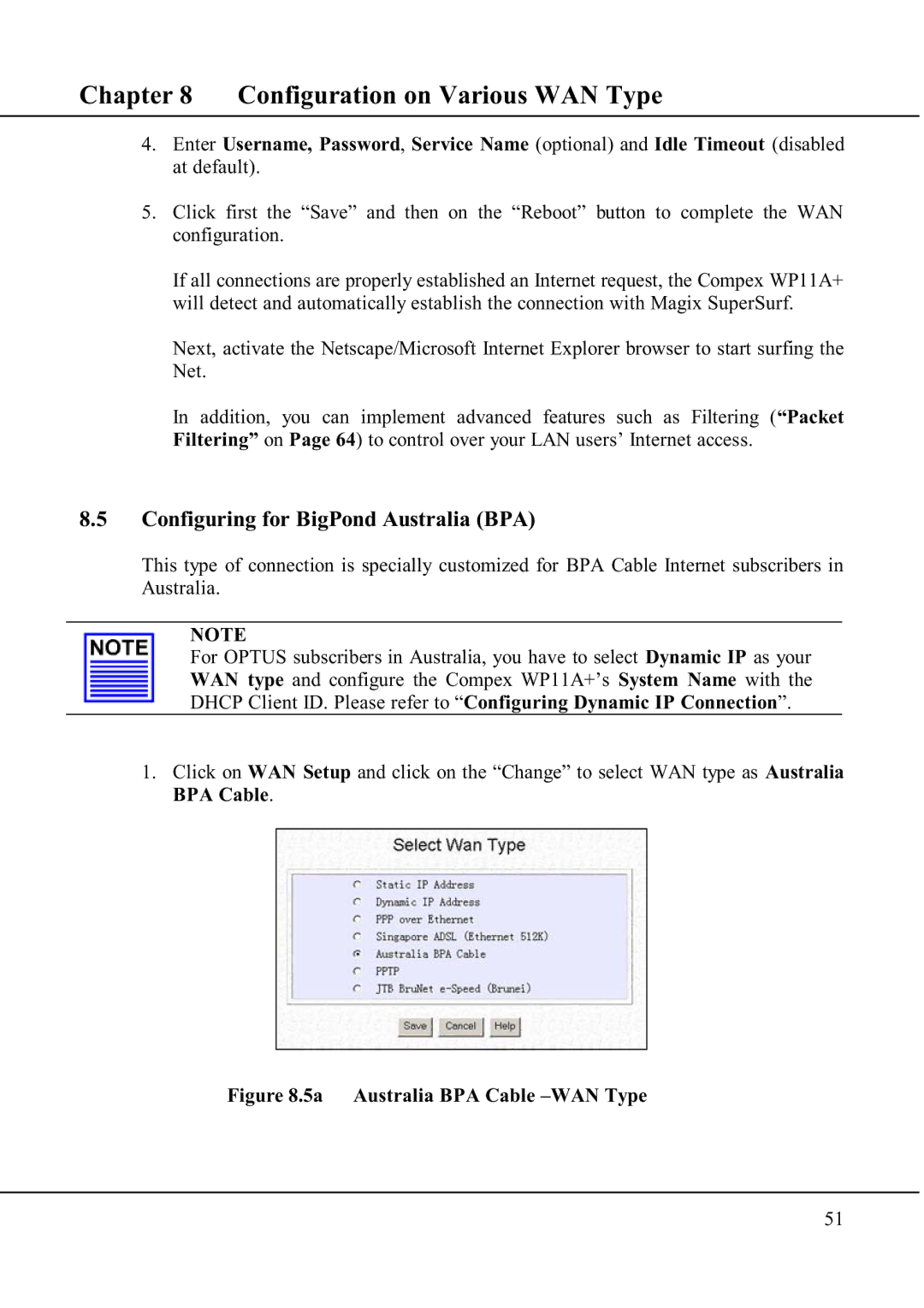 Compex Technologies WP11A+ manual Configuring for BigPond Australia BPA, 5a Australia BPA Cable -WAN Type 