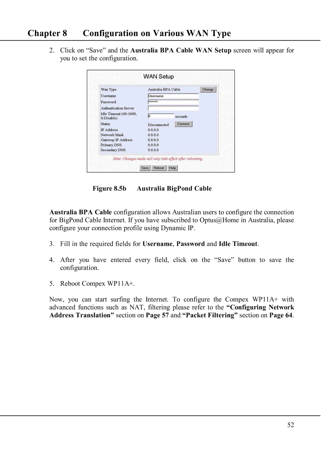 Compex Technologies WP11A+ manual Configuration on Various WAN Type 