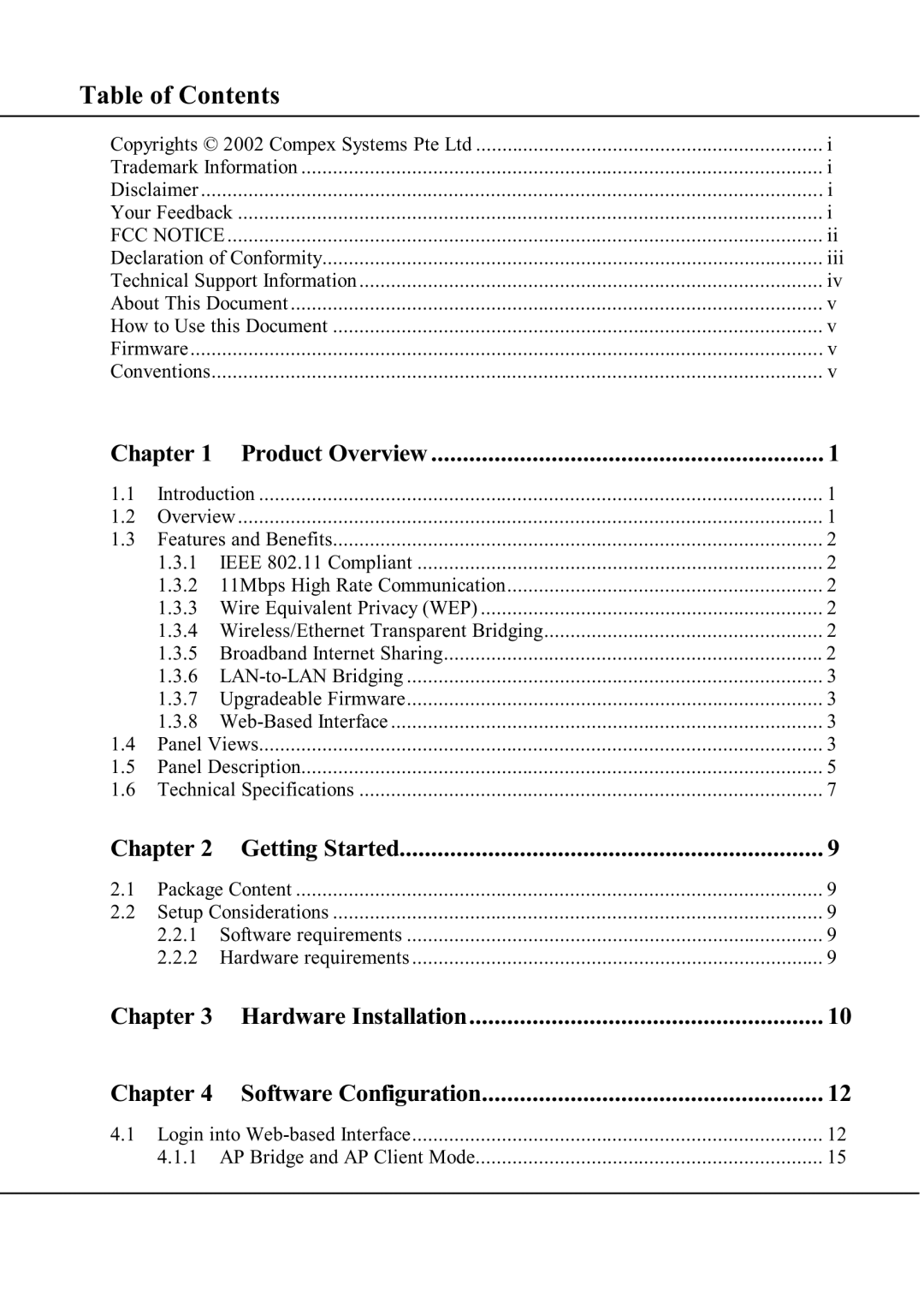 Compex Technologies WP11A+ manual Table of Contents 