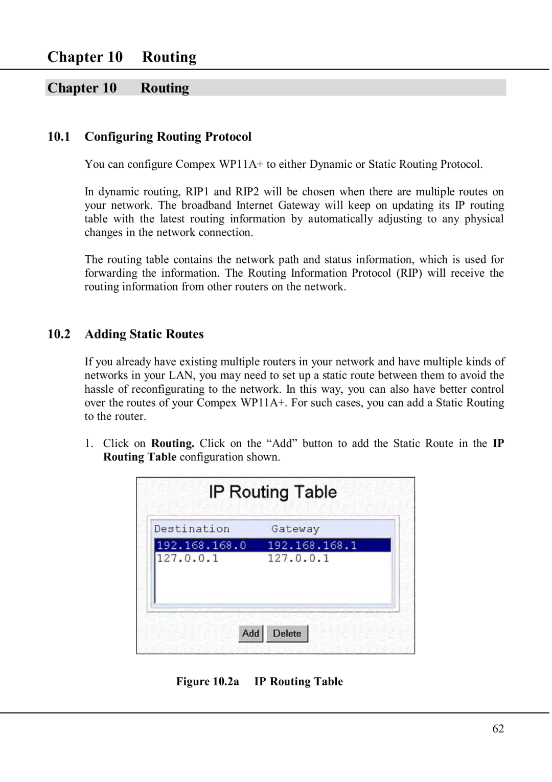 Compex Technologies WP11A+ manual Chapter Routing, Configuring Routing Protocol, Adding Static Routes 