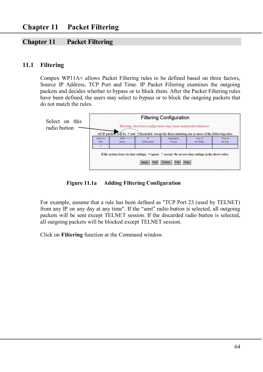 Compex Technologies WP11A+ manual Packet Filtering 