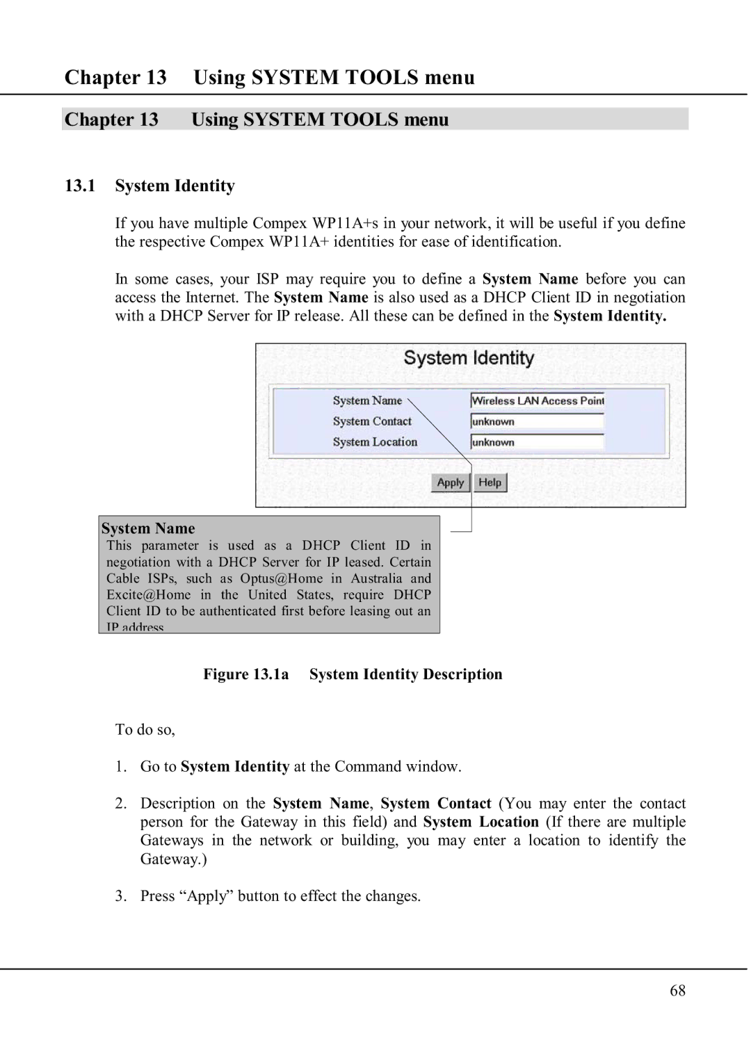 Compex Technologies WP11A+ manual Using System Tools menu, System Identity 