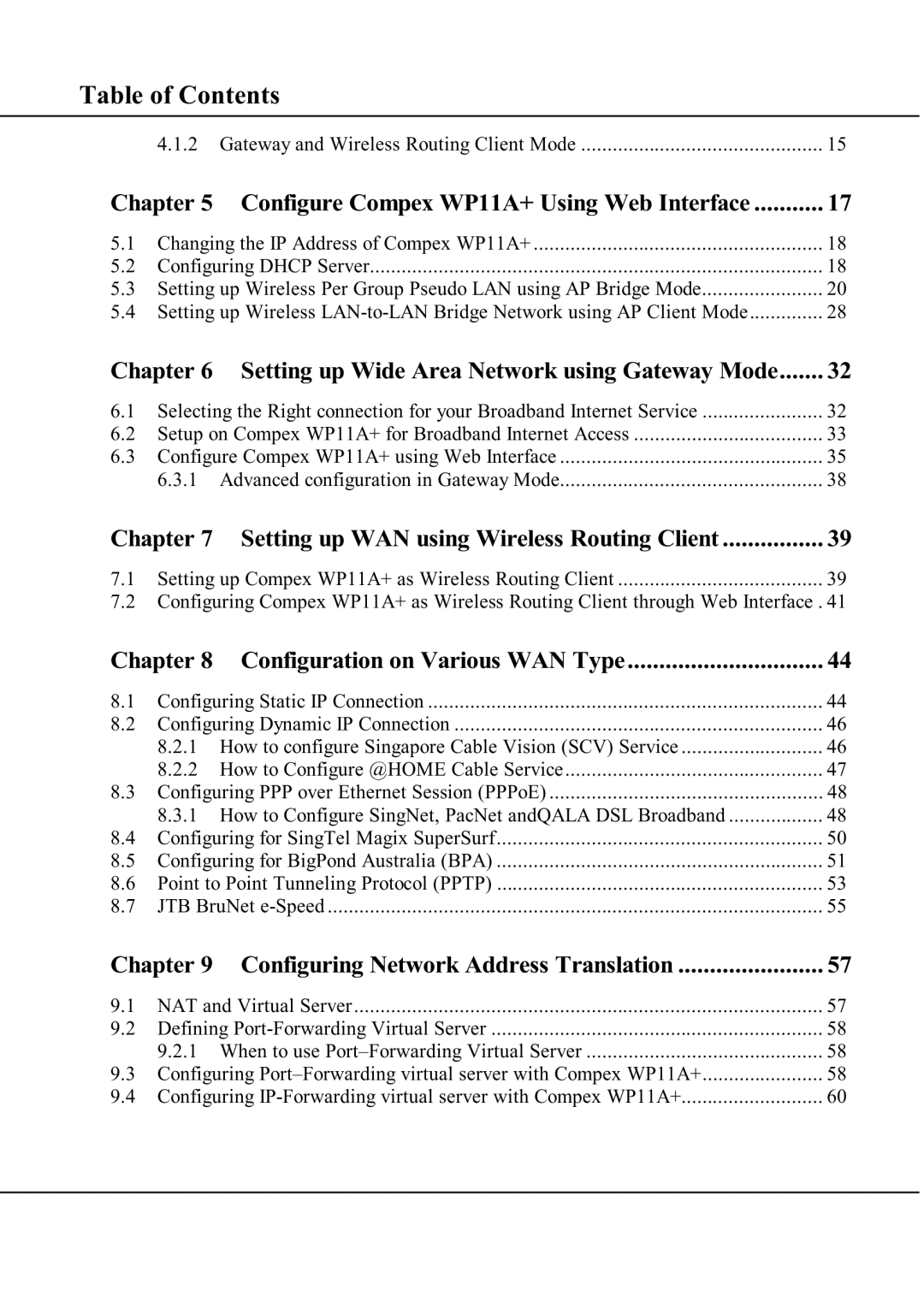 Compex Technologies manual Chapter Configure Compex WP11A+ Using Web Interface, Configuration on Various WAN Type 