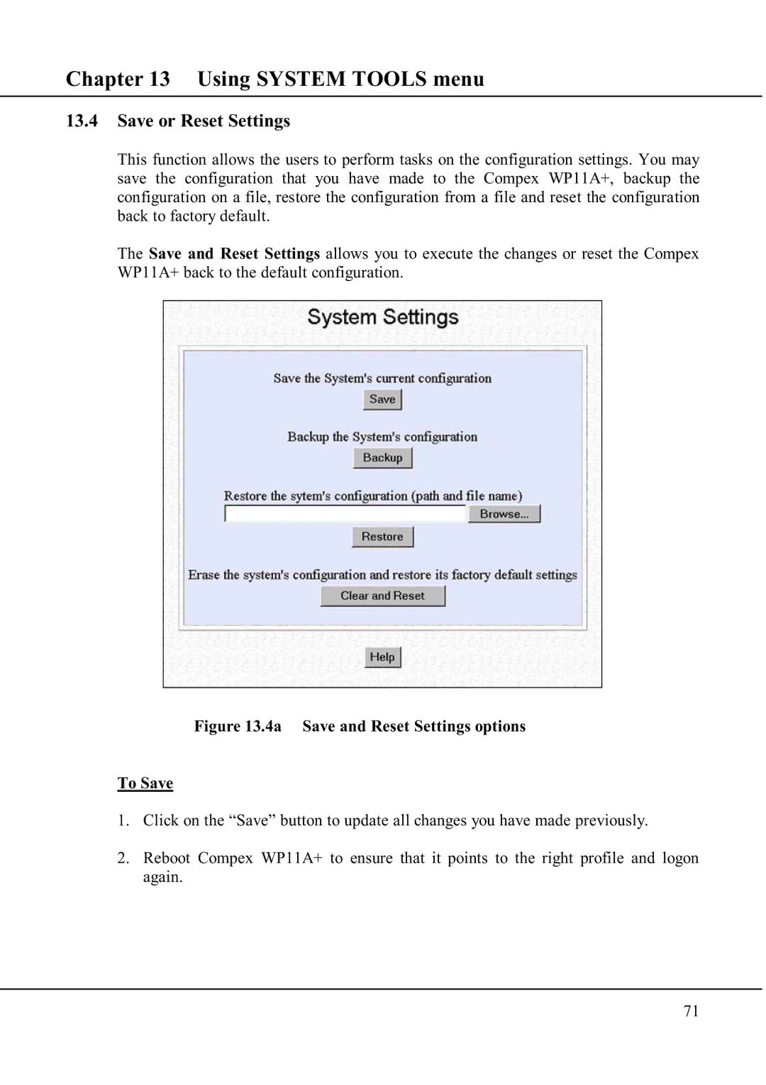 Compex Technologies WP11A+ manual Save or Reset Settings 