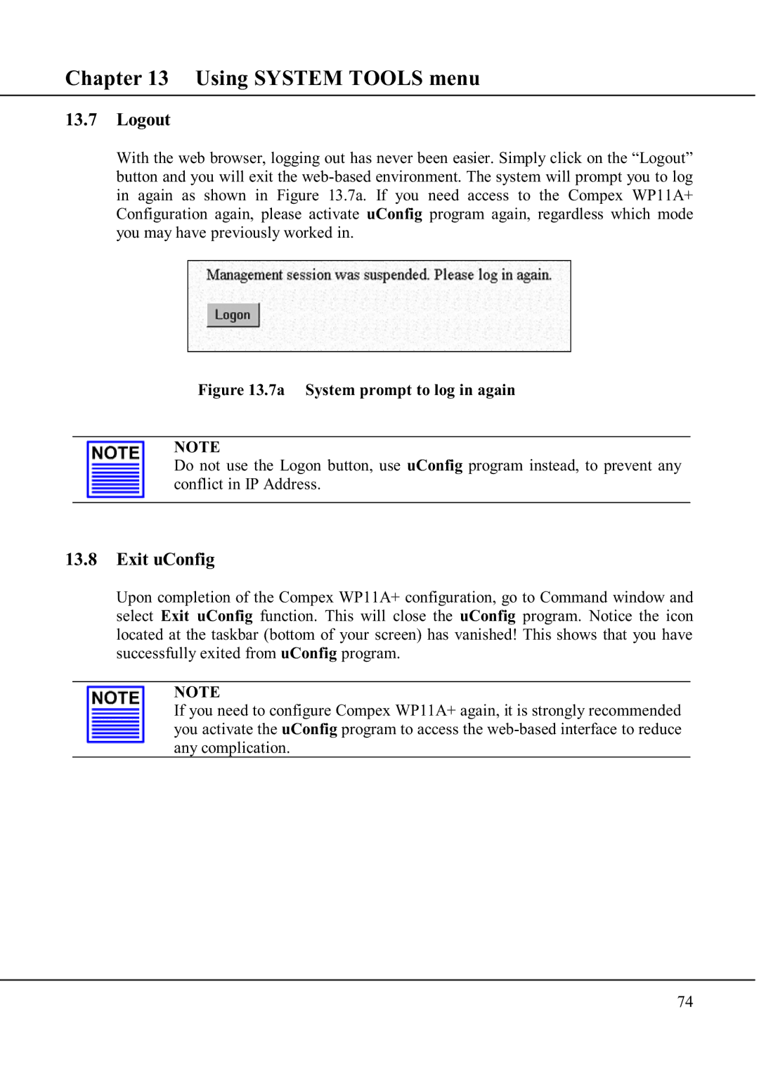 Compex Technologies WP11A+ manual Logout, Exit uConfig 