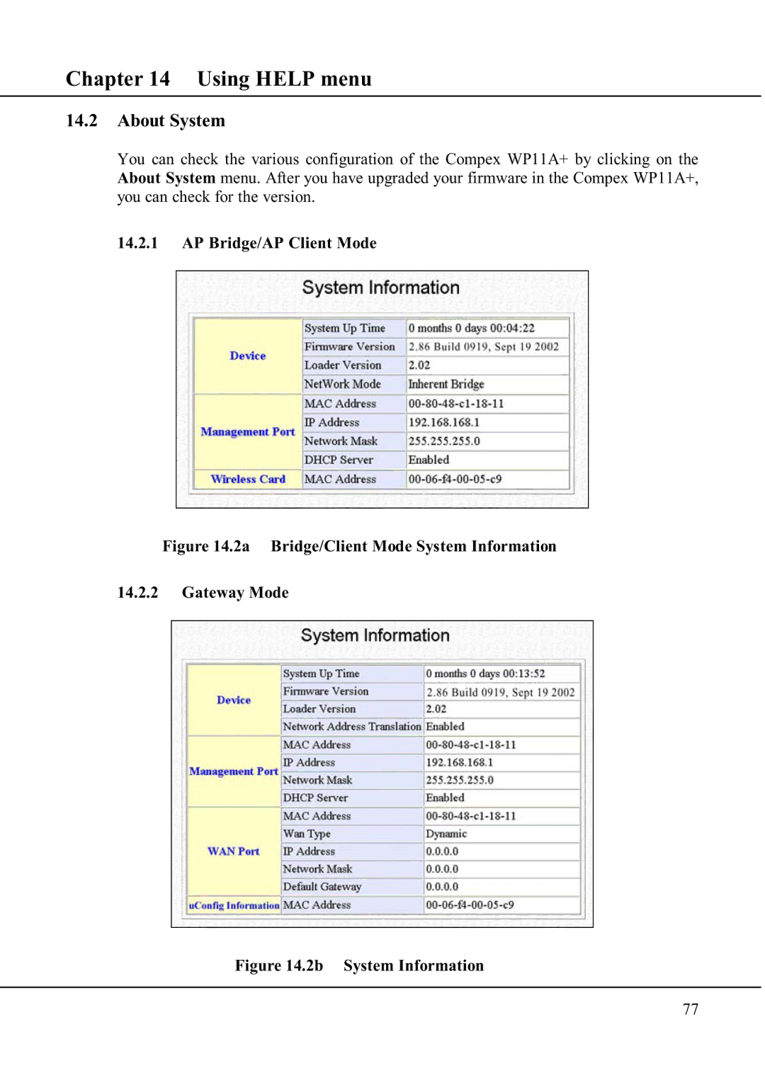 Compex Technologies WP11A+ manual About System, 2a Bridge/Client Mode System Information Gateway Mode 