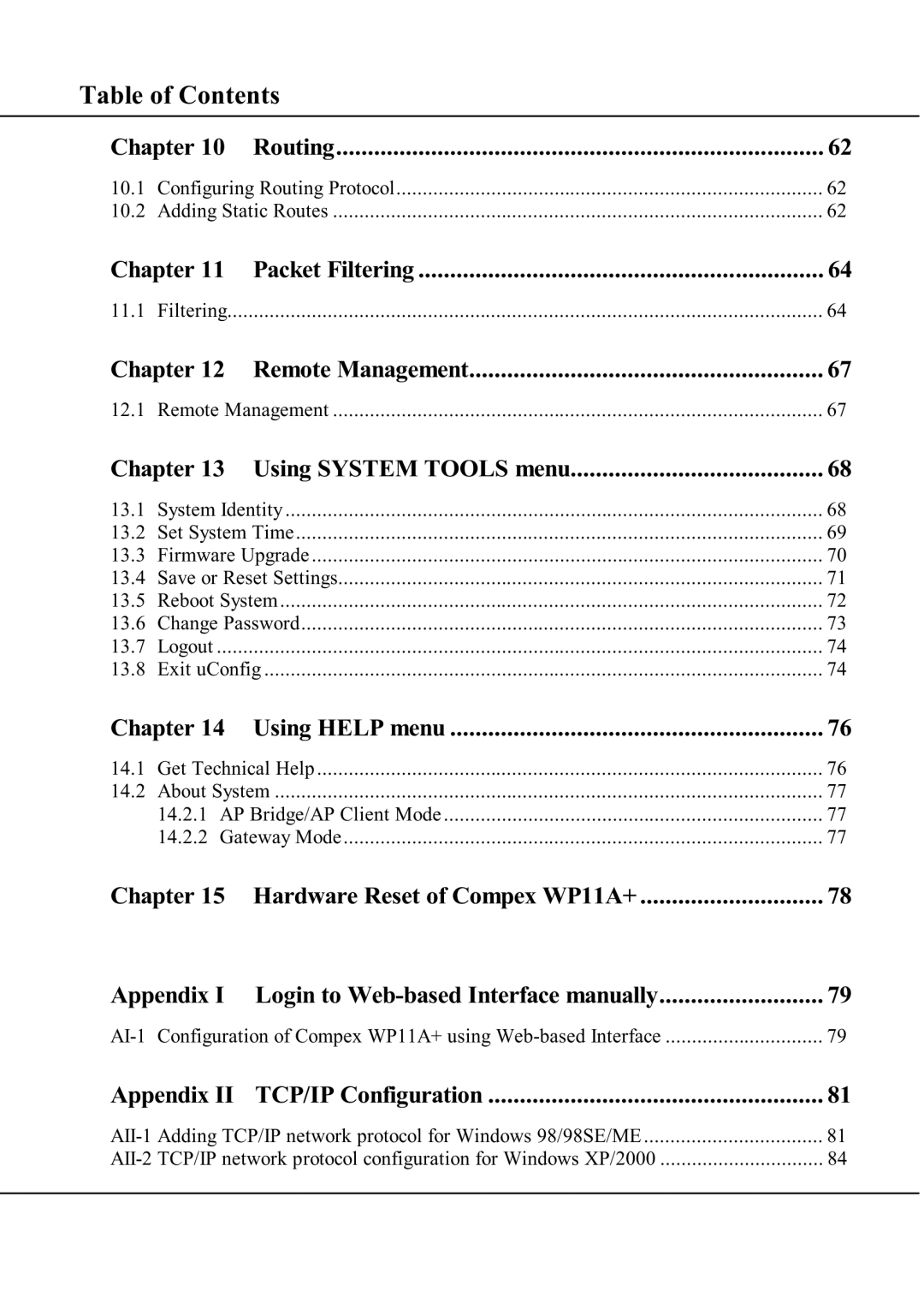 Compex Technologies WP11A+ manual Using System Tools menu, Using Help menu, Appendix TCP/IP Configuration 