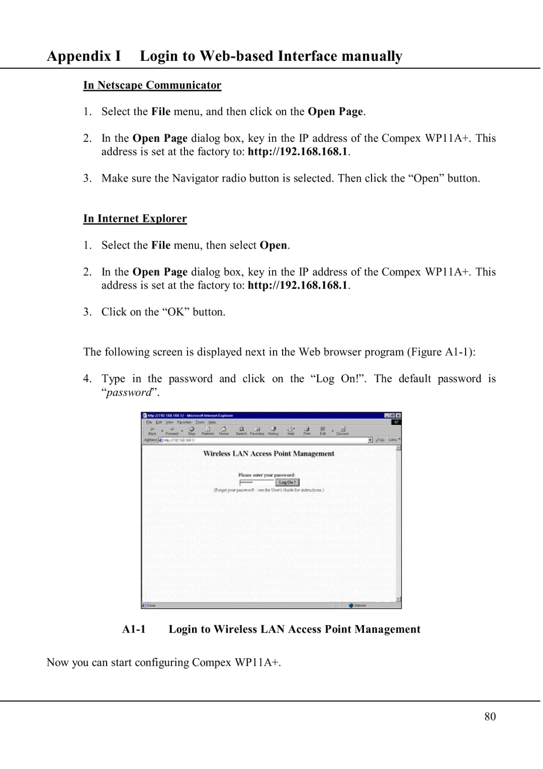 Compex Technologies WP11A+ Appendix I Login to Web-based Interface manually 