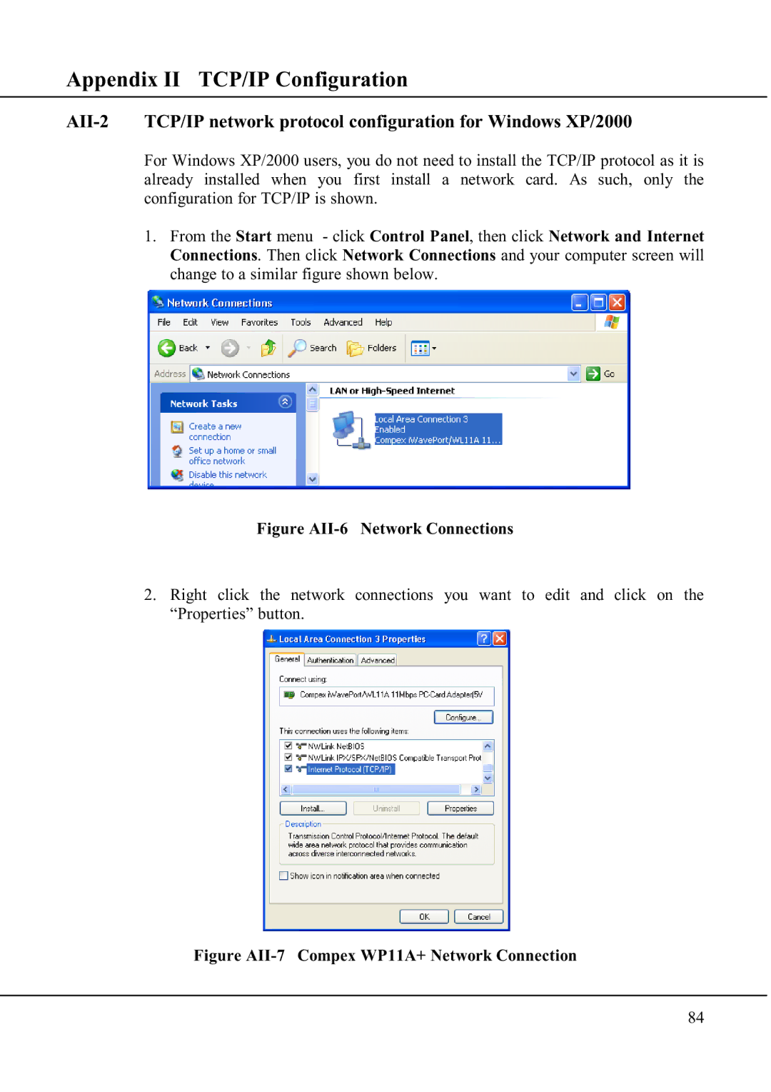 Compex Technologies manual Figure AII-7 Compex WP11A+ Network Connection 