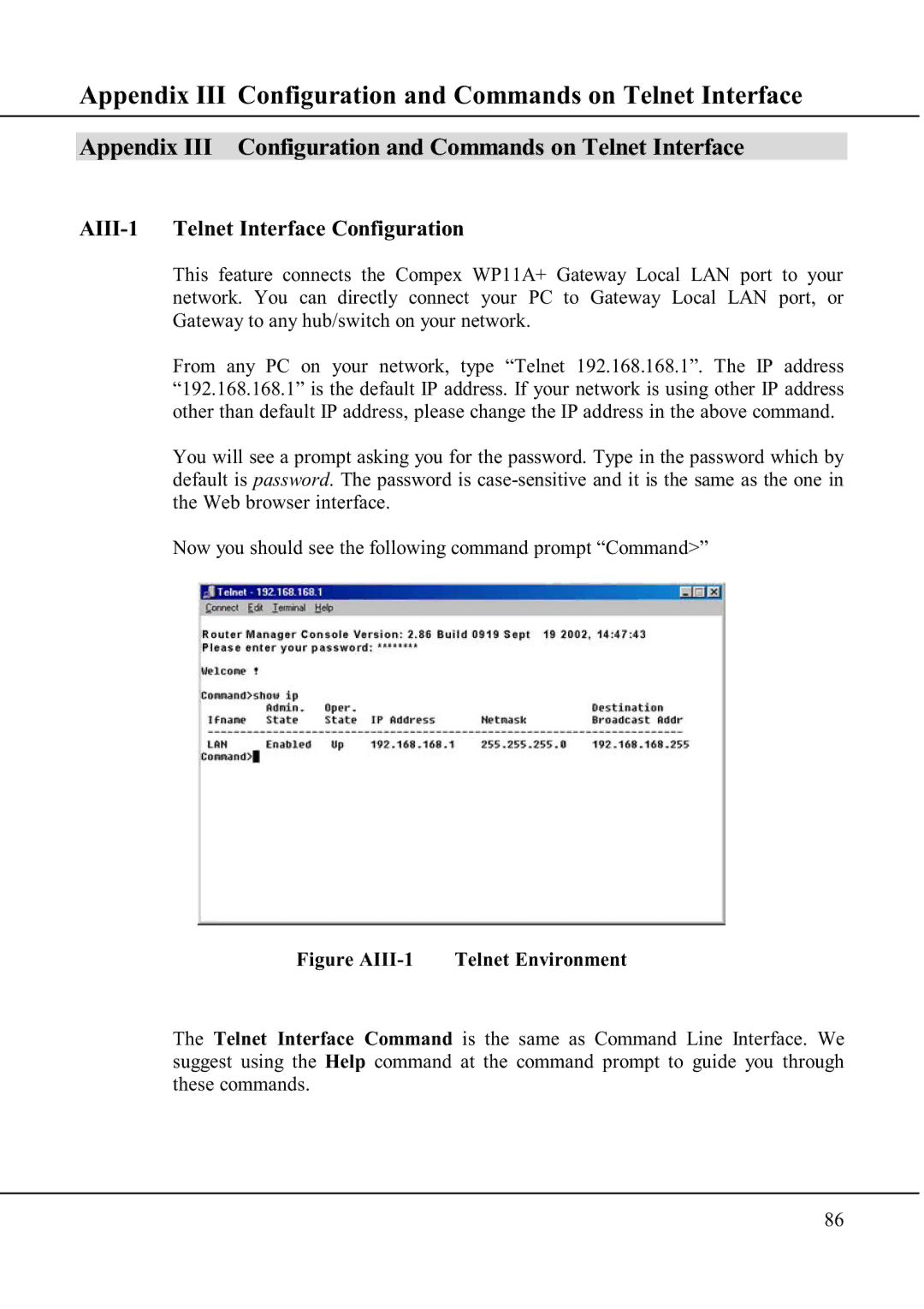 Compex Technologies WP11A+ manual Appendix III Configuration and Commands on Telnet Interface 