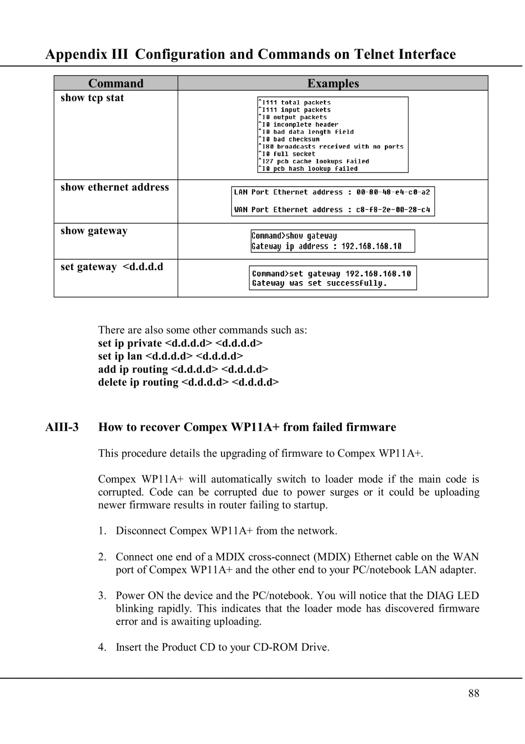 Compex Technologies manual Command Examples, AIII-3 How to recover Compex WP11A+ from failed firmware 