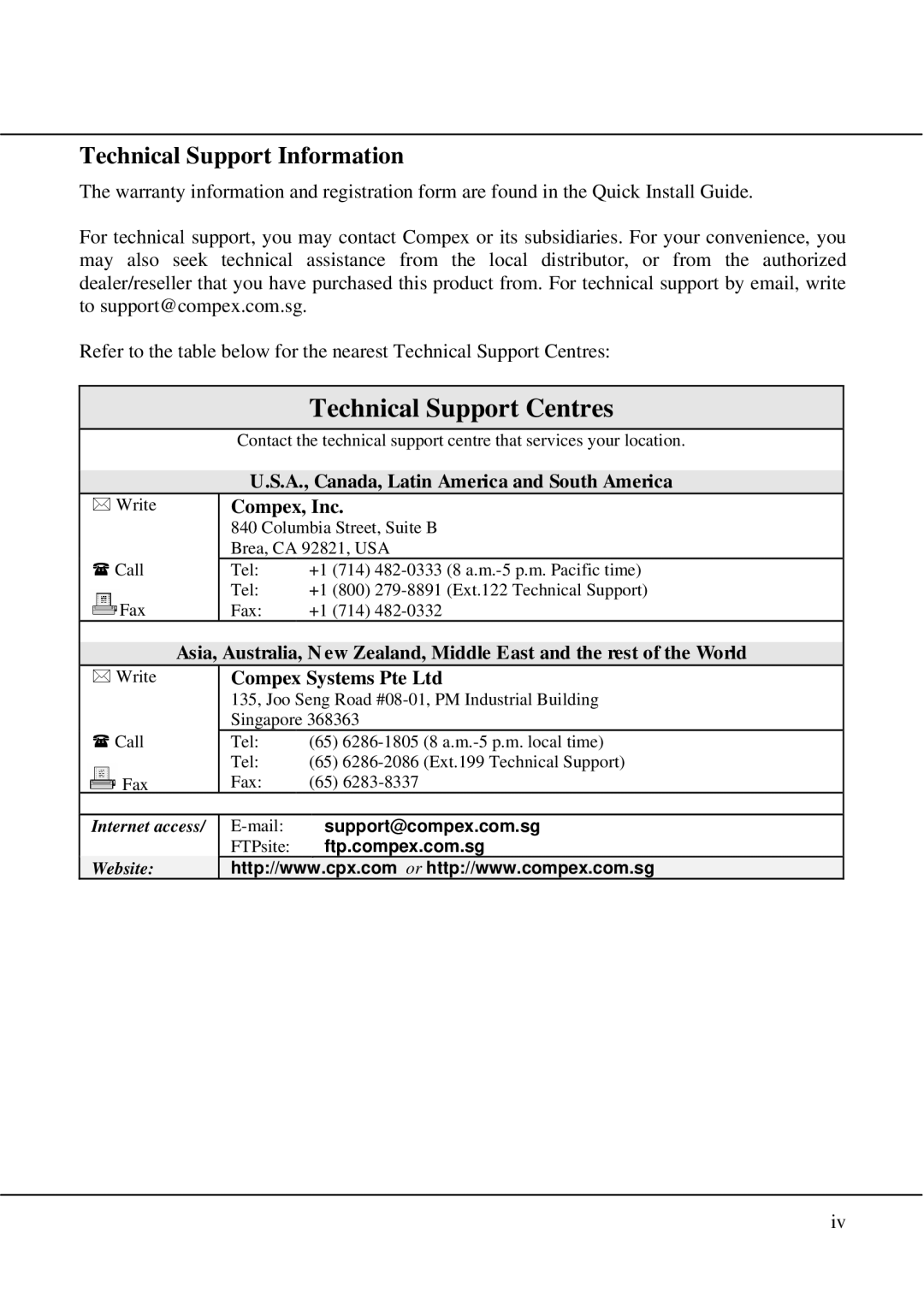 Compex Technologies WPE54 manual Technical Support Information, Compex, Inc 