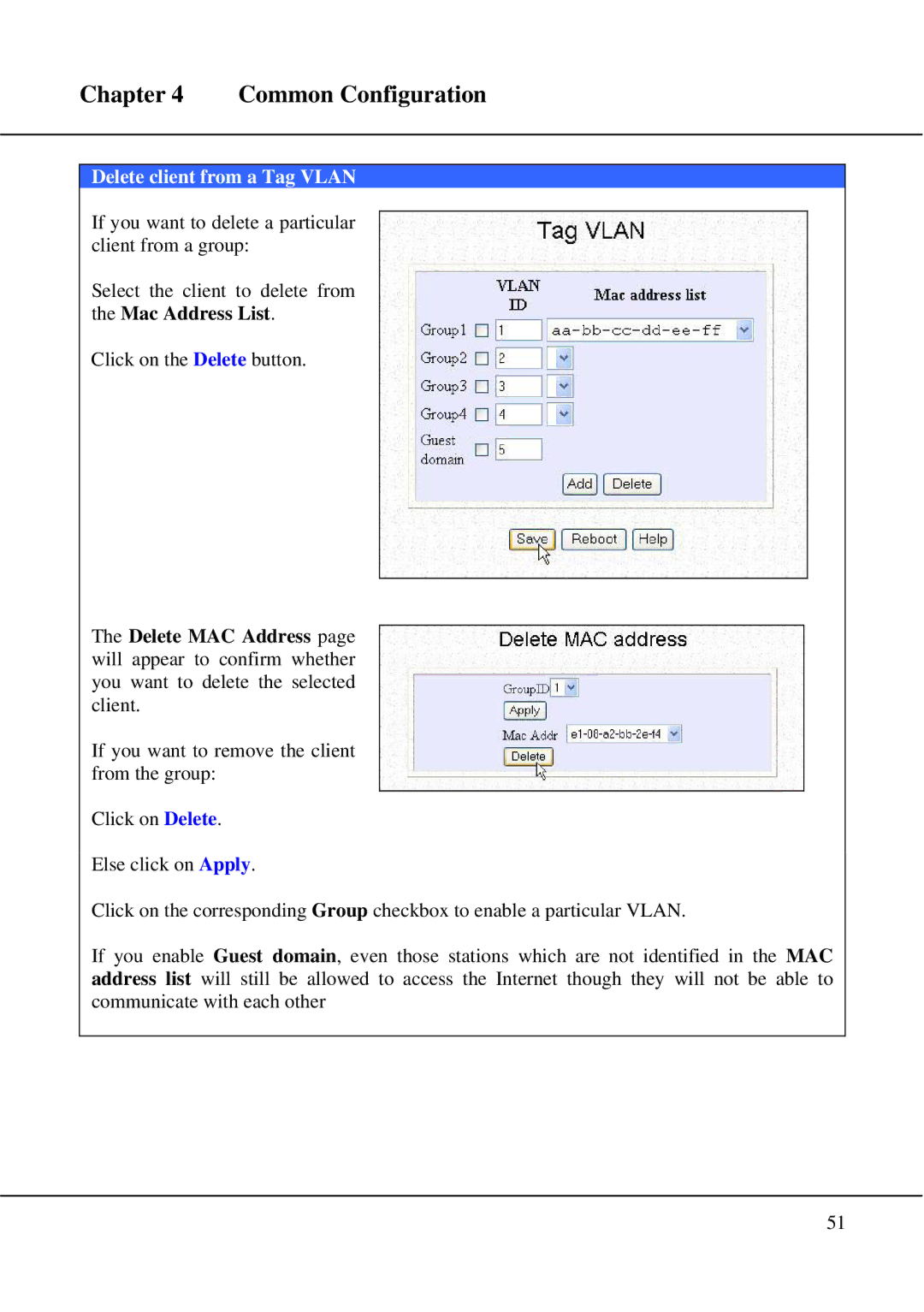 Compex Technologies WPE54 manual Delete client from a Tag Vlan 