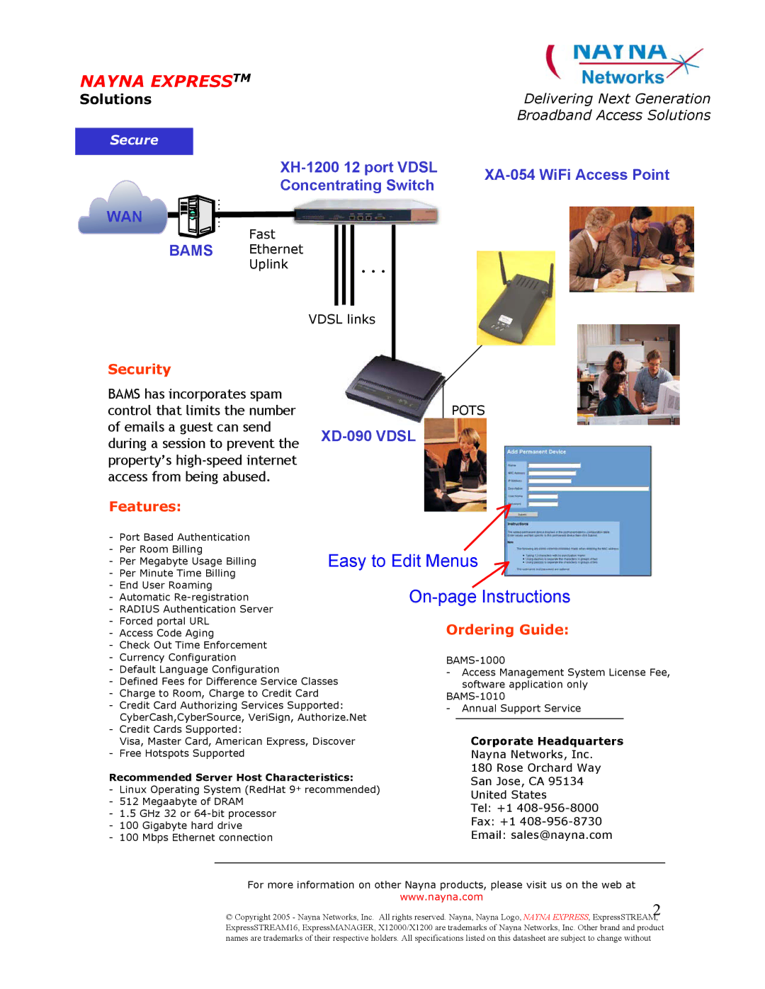 Comprehensive Video BAMS-1000 manual WAN Bams, XD-090 Vdsl, Security, Features, Ordering Guide 