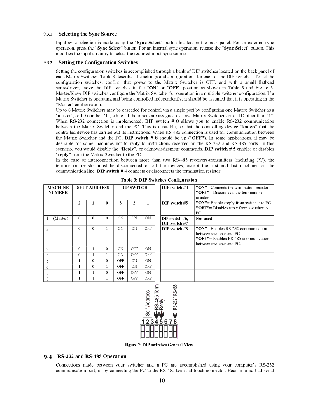 Comprehensive Video CVG-808xl Selecting the Sync Source, Setting the Configuration Switches, RS-232 and RS-485 Operation 