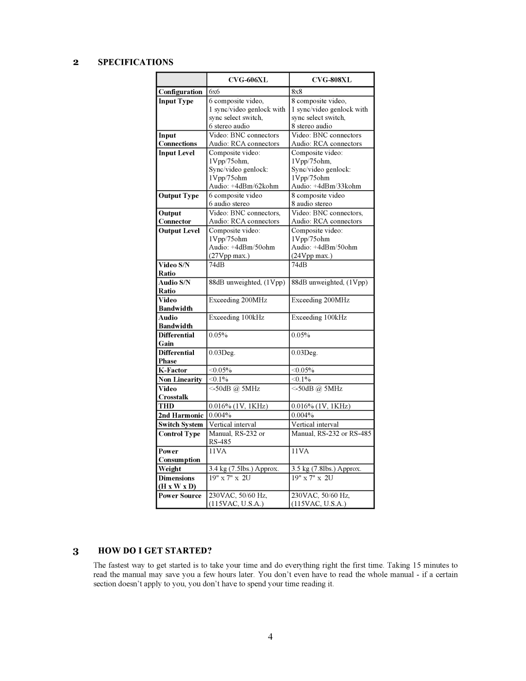 Comprehensive Video CVG-808xl, CVG-606xl user manual Specifications, HOW do I GET STARTED? 