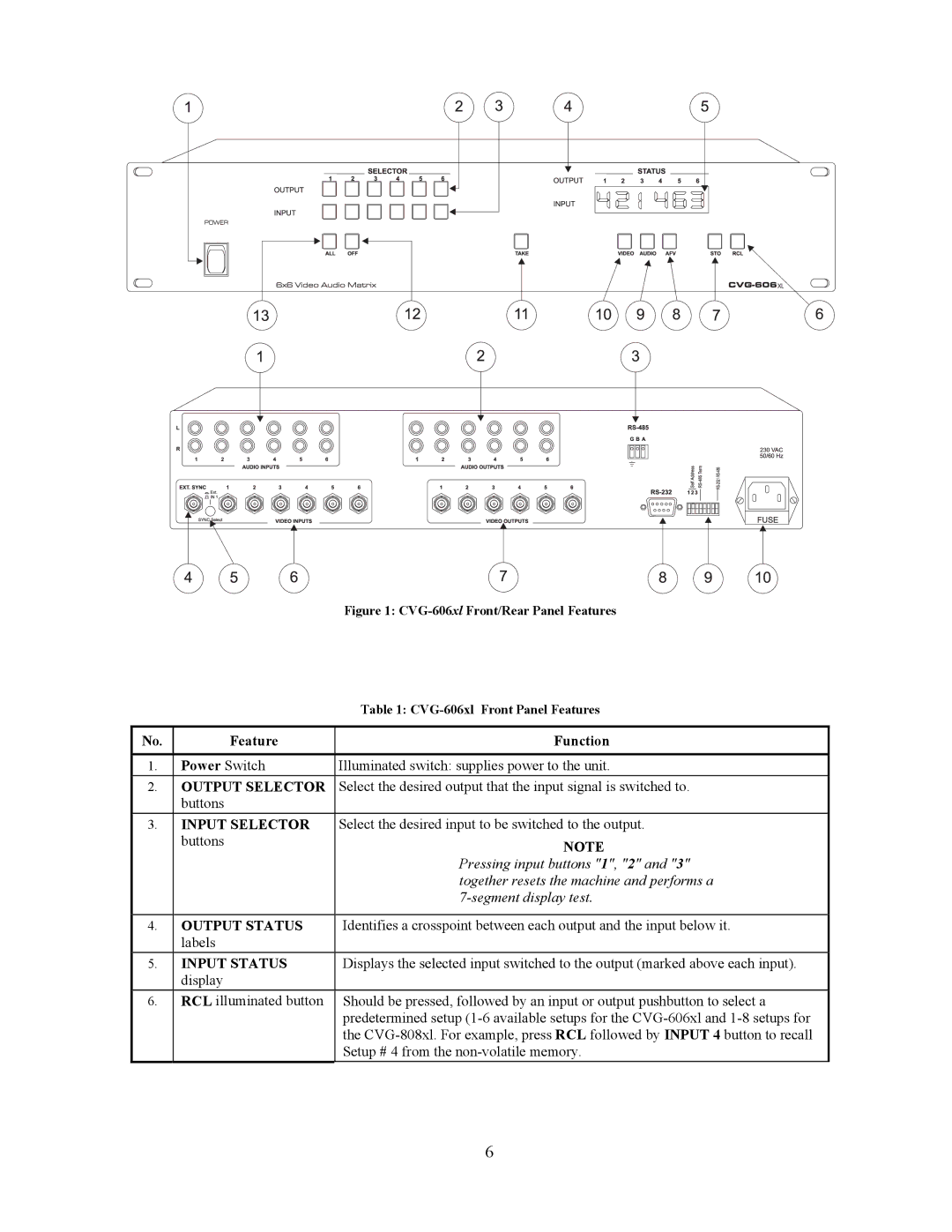 Comprehensive Video CVG-808xl Feature Function Power Switch, Illuminated switch supplies power to the unit, Buttons 