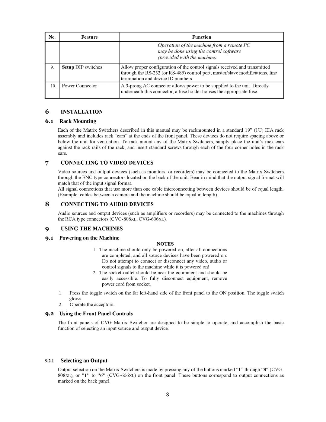 Comprehensive Video CVG-808xl Installation, Connecting to Video Devices, Connecting to Audio Devices, Using the Machines 