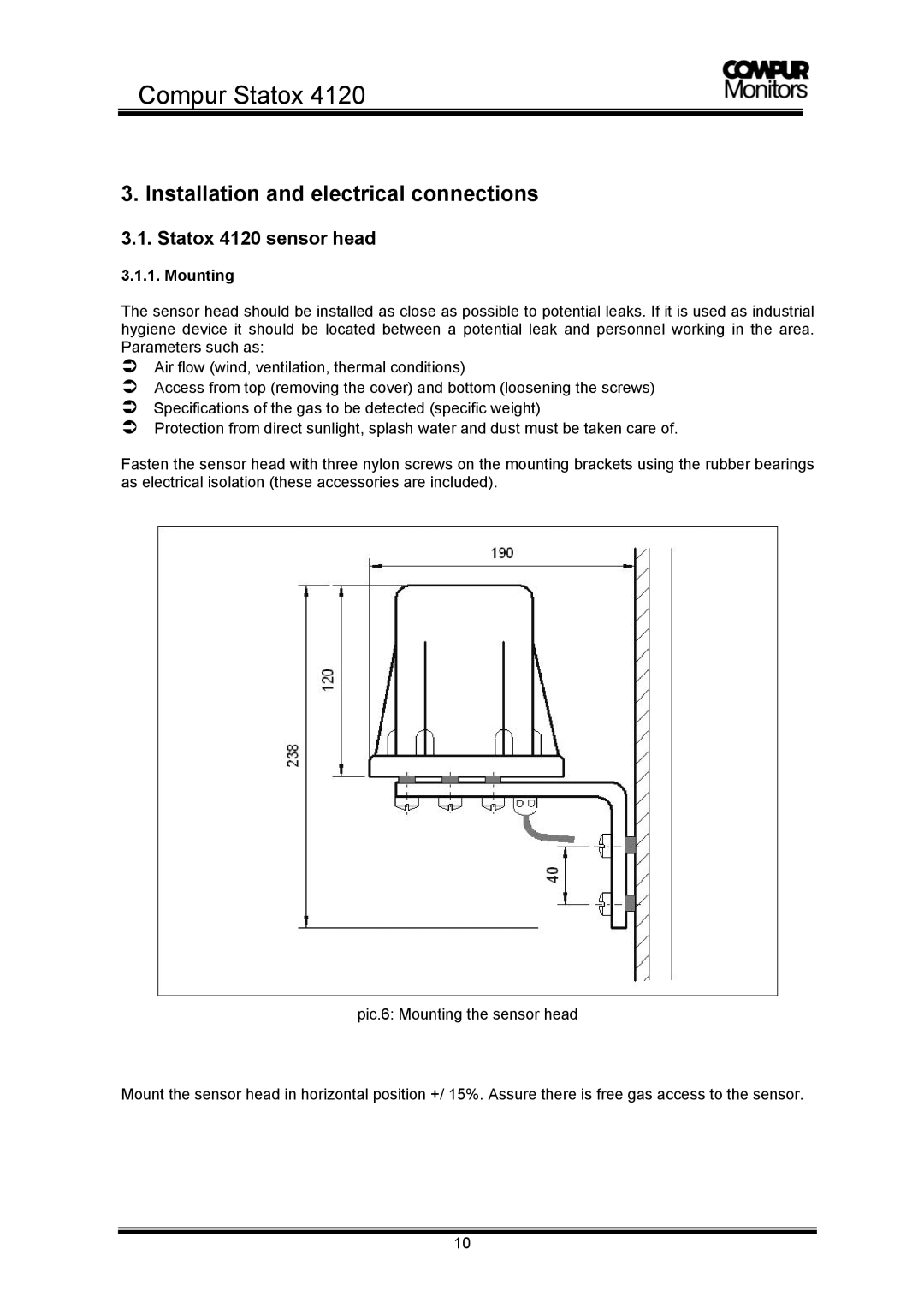 Compur operation manual Installation and electrical connections, Statox 4120 sensor head, Mounting 