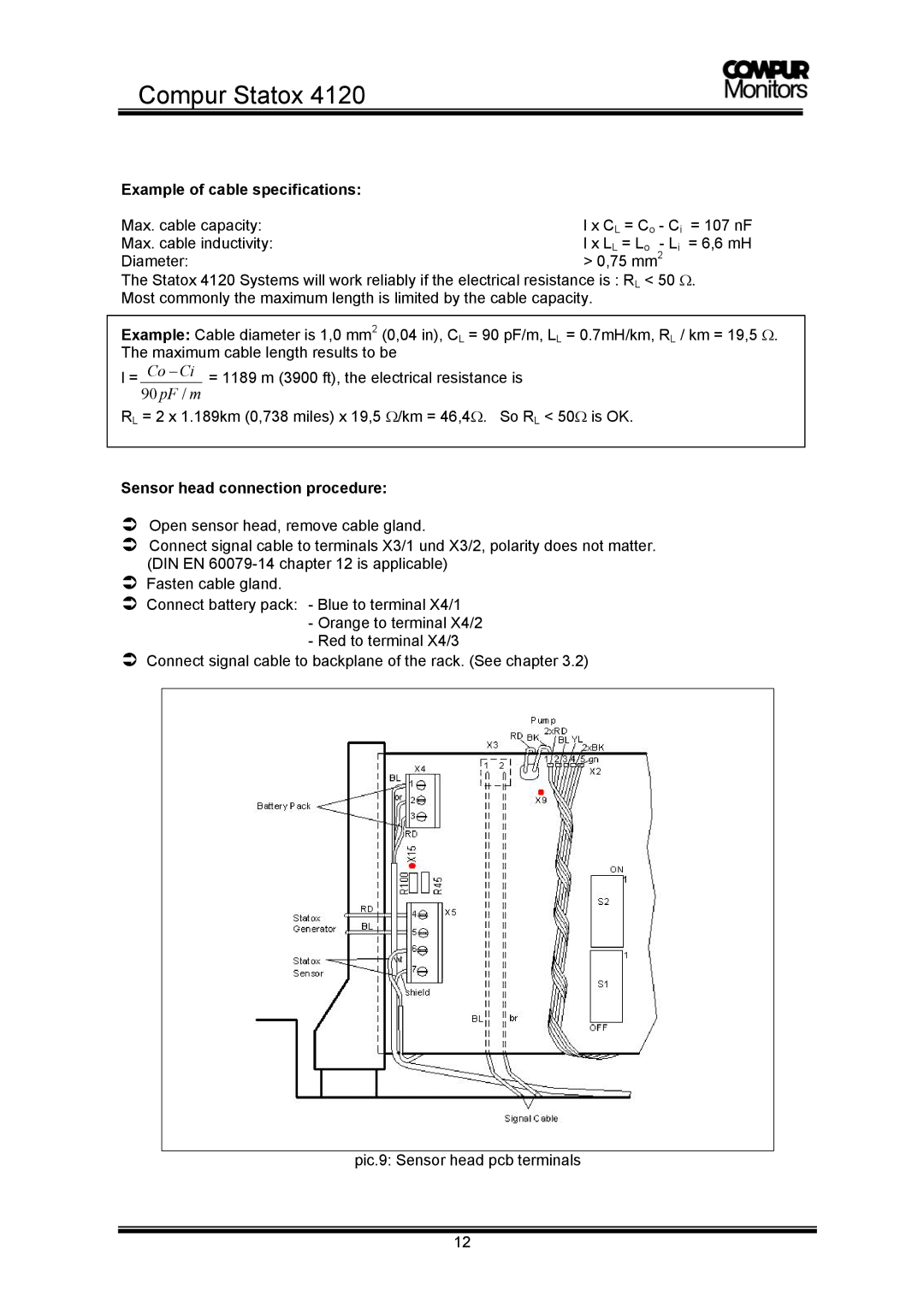 Compur 4120 operation manual Example of cable specifications, Sensor head connection procedure 