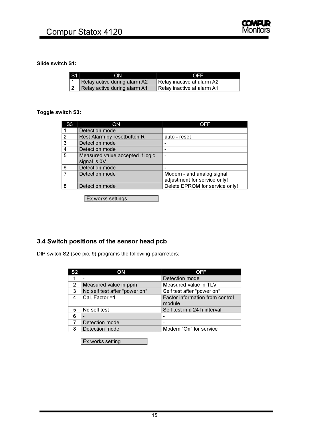 Compur 4120 operation manual Switch positions of the sensor head pcb, Slide switch S1, Toggle switch S3 