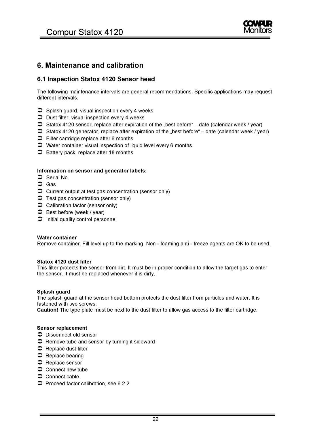 Compur operation manual Maintenance and calibration, Inspection Statox 4120 Sensor head 
