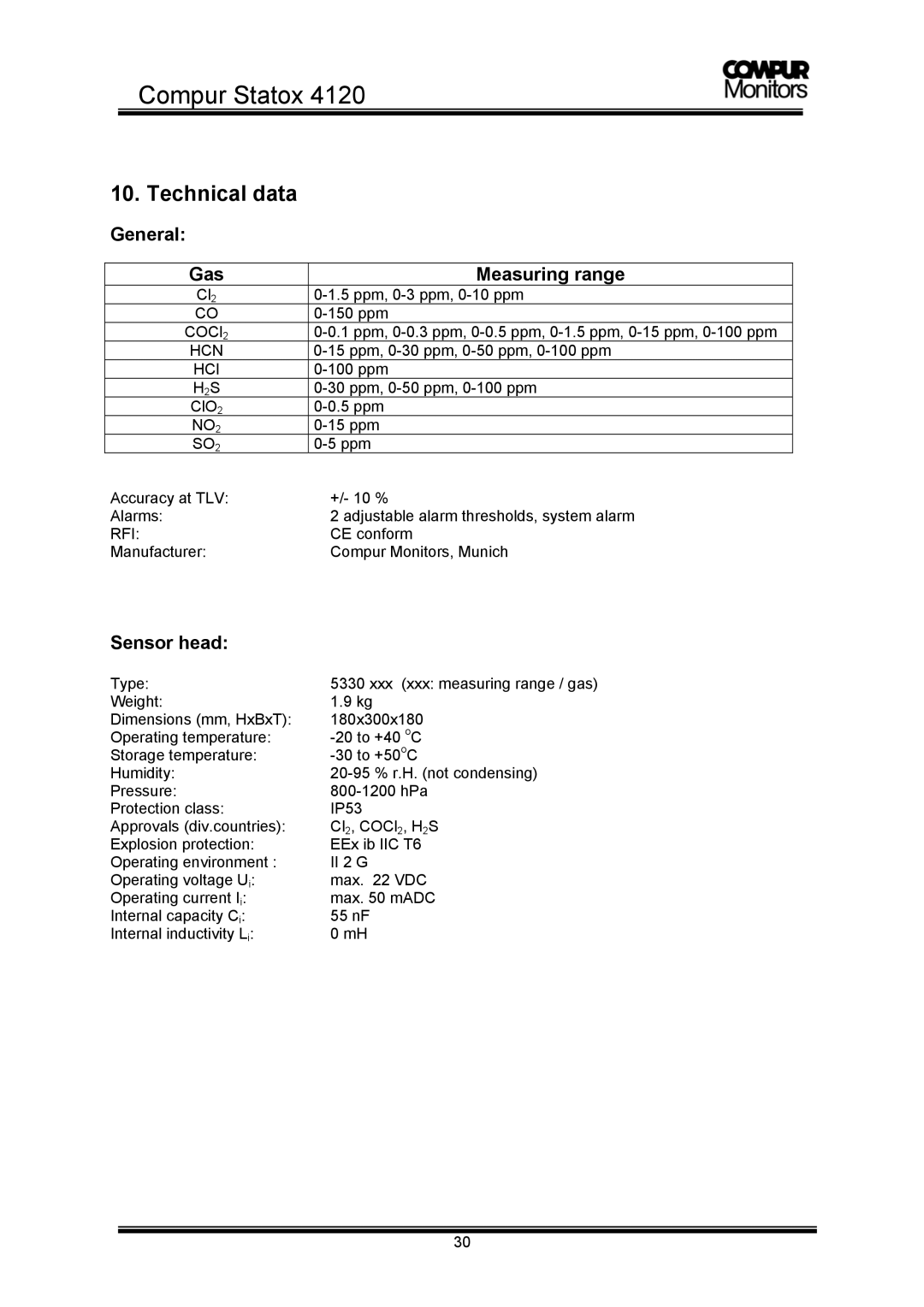 Compur 4120 operation manual Technical data General Gas Measuring range, Sensor head 