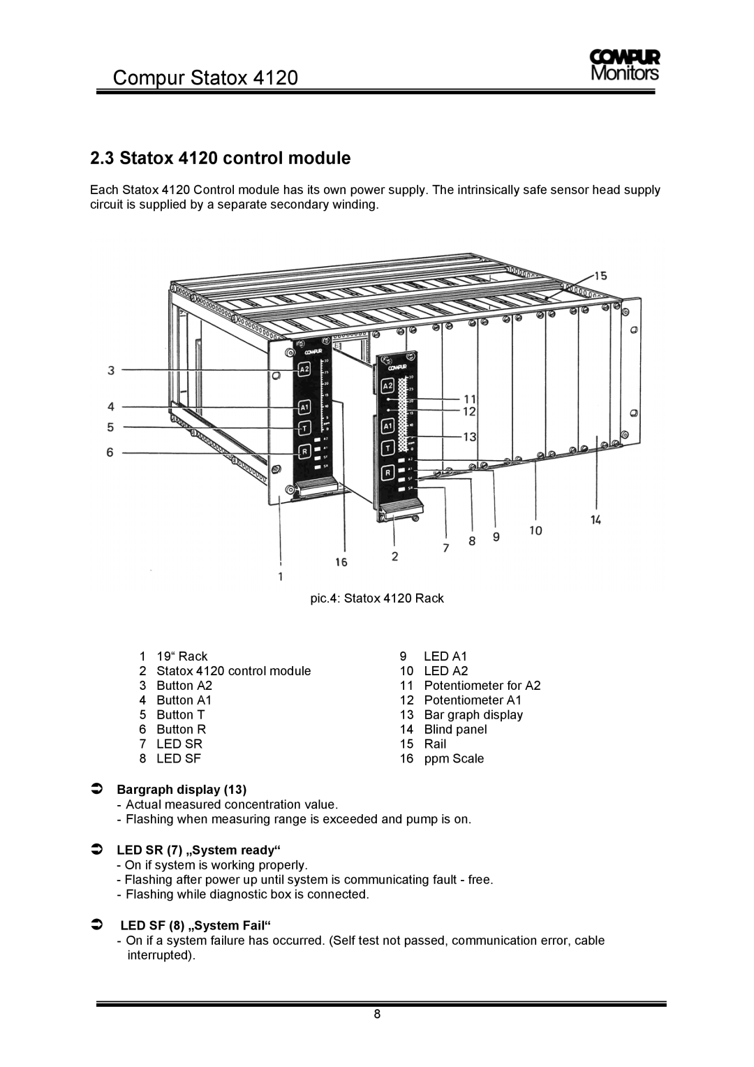 Compur operation manual Statox 4120 control module, Bargraph display, LED SR 7 „System ready, LED SF 8 „System Fail 