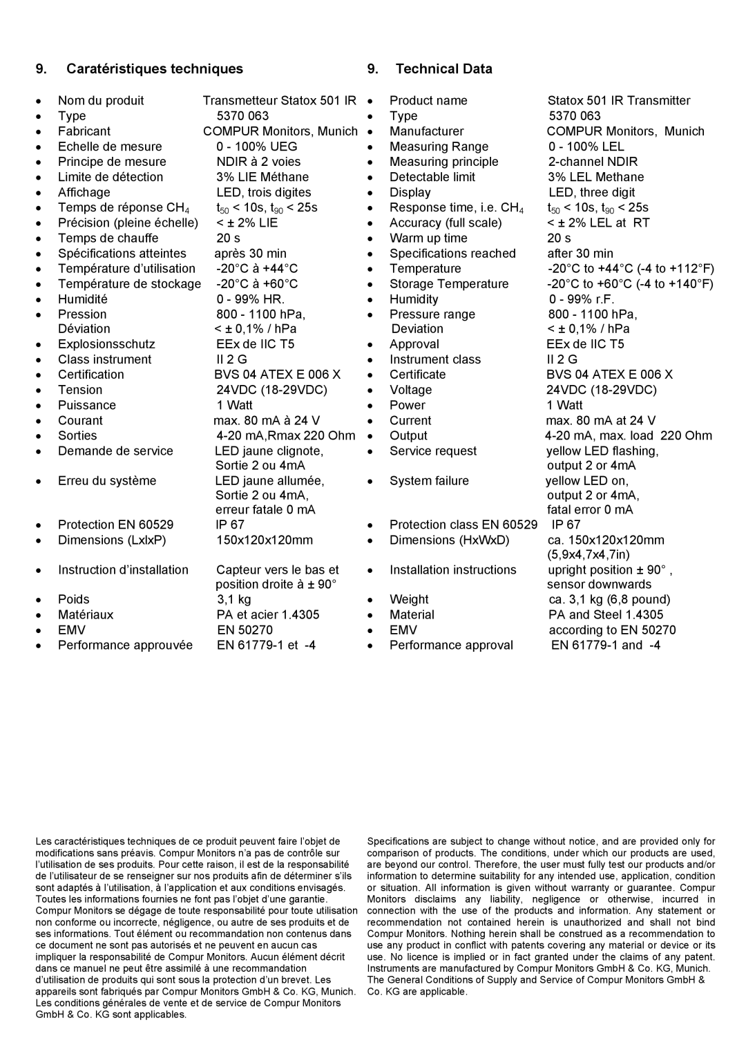 Compur 501 IR manual Caratéristiques techniques Technical Data, Emv 
