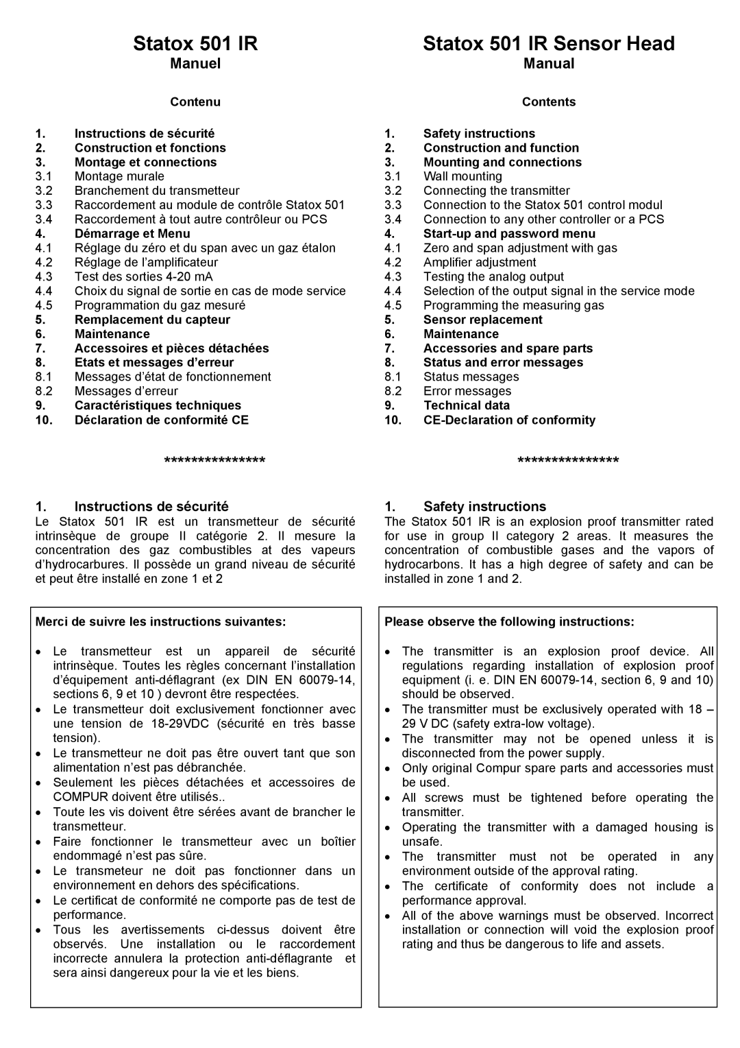 Compur 501 IR manual Manuel, Manual, Instructions de sécurité, Safety instructions 