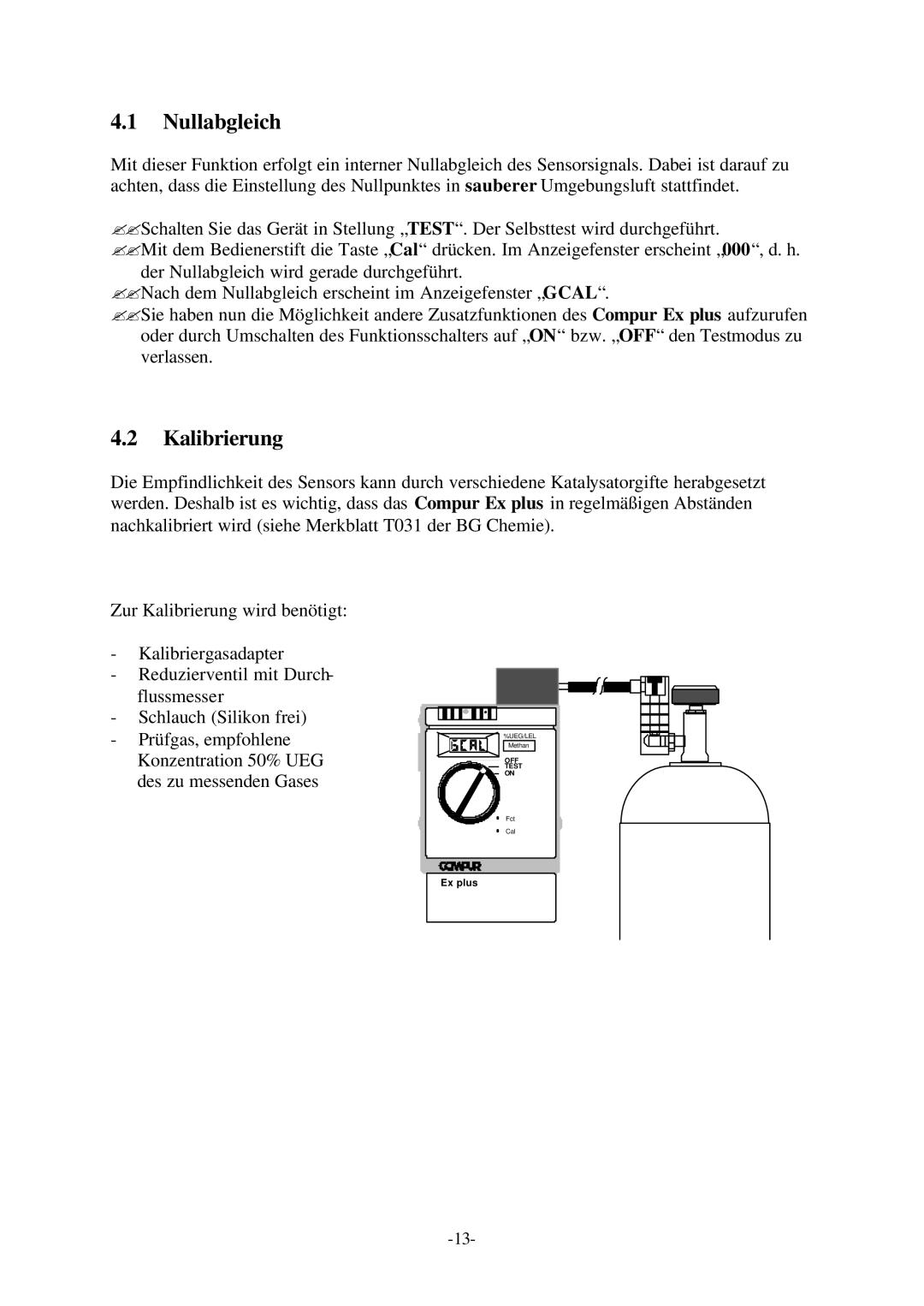 Compur Gas Detector manual Nullabgleich, Kalibrierung 