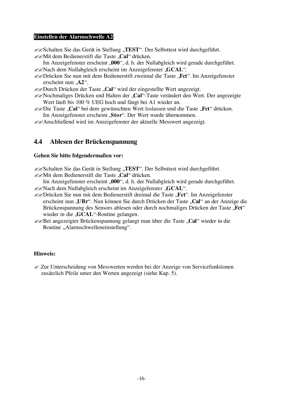 Compur Gas Detector manual Ablesen der Brückenspannung, Einstellen der Alarmschwelle A2 