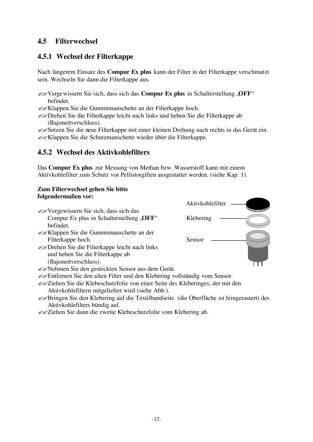 Compur Gas Detector manual Filterwechsel Wechsel der Filterkappe, Wechsel des Aktivkohlefilters 