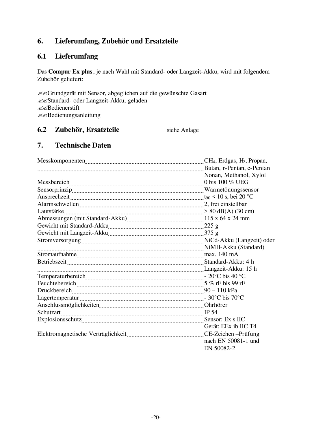 Compur Gas Detector manual Lieferumfang, Zubehör und Ersatzteile, Zubehör, Ersatzteile Technische Daten 