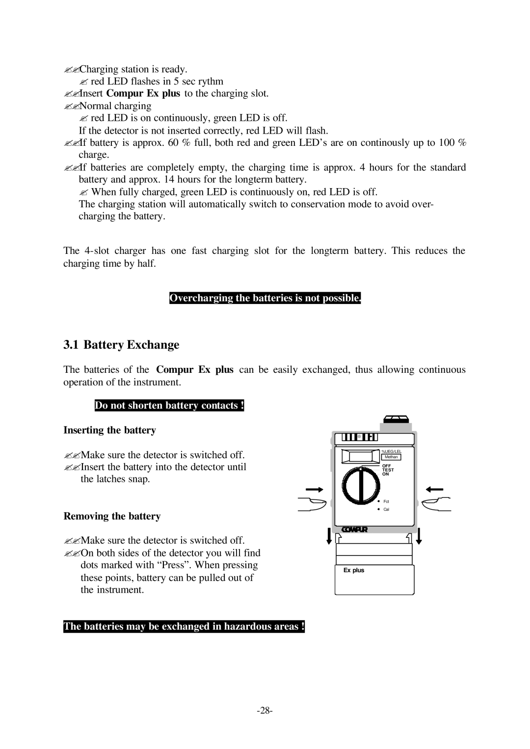 Compur Gas Detector manual Battery Exchange, Overcharging the batteries is not possible, Do not shorten battery contacts 