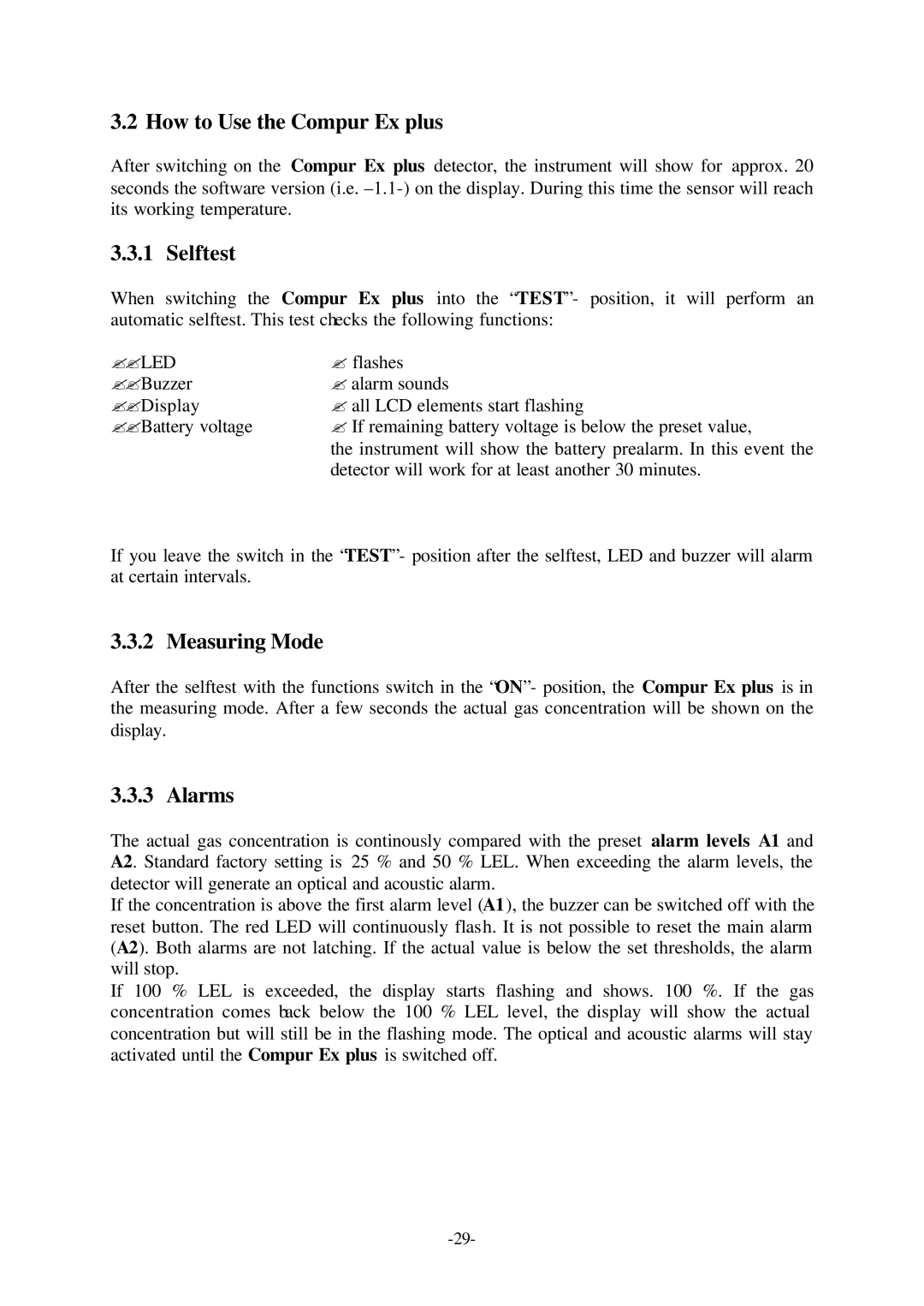 Compur Gas Detector manual How to Use the Compur Ex plus, Selftest, Measuring Mode, Alarms 