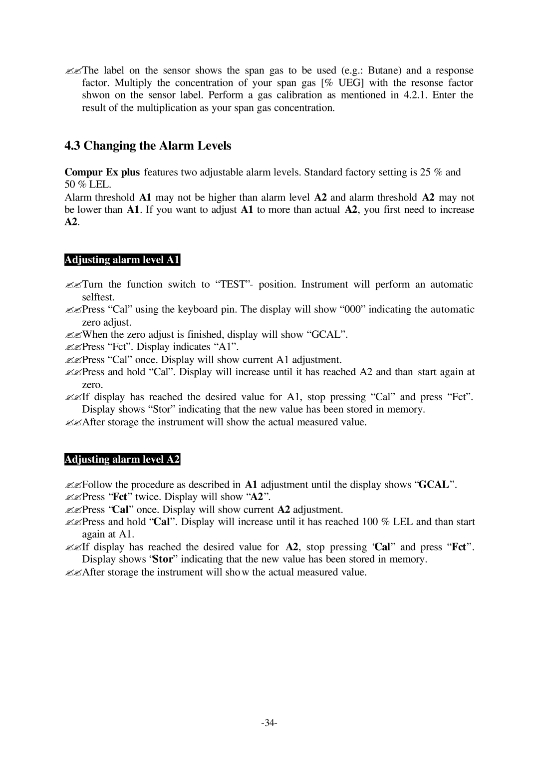 Compur Gas Detector manual Changing the Alarm Levels, Adjusting alarm level A1, Adjusting alarm level A2 