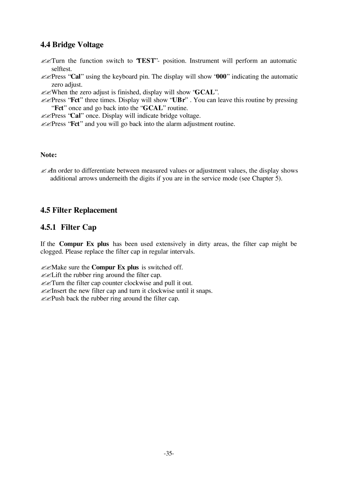 Compur Gas Detector manual Bridge Voltage, Filter Replacement 4.5.1 Filter Cap 