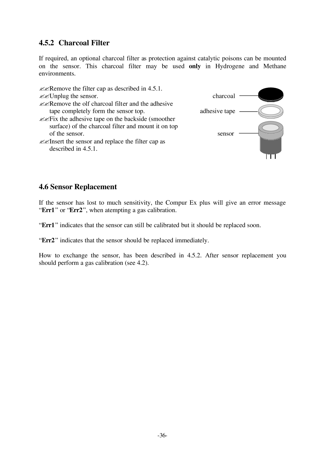 Compur Gas Detector manual Charcoal Filter, Sensor Replacement 