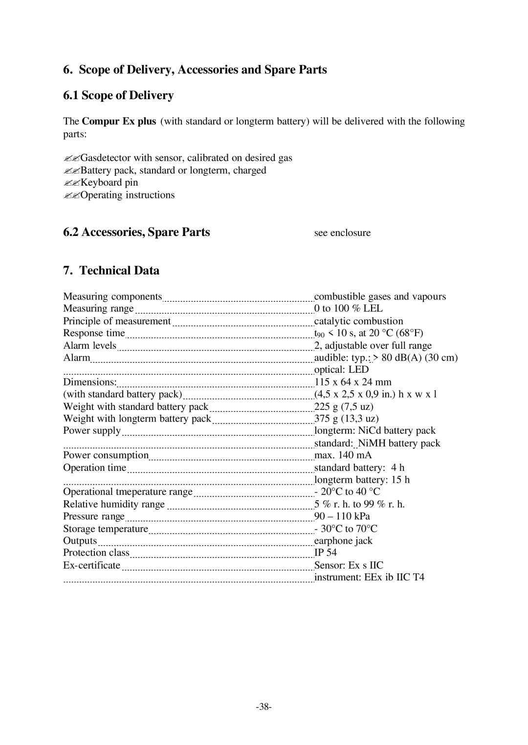 Compur Gas Detector manual Scope of Delivery, Accessories and Spare Parts, Accessories, Spare Parts, Technical Data 