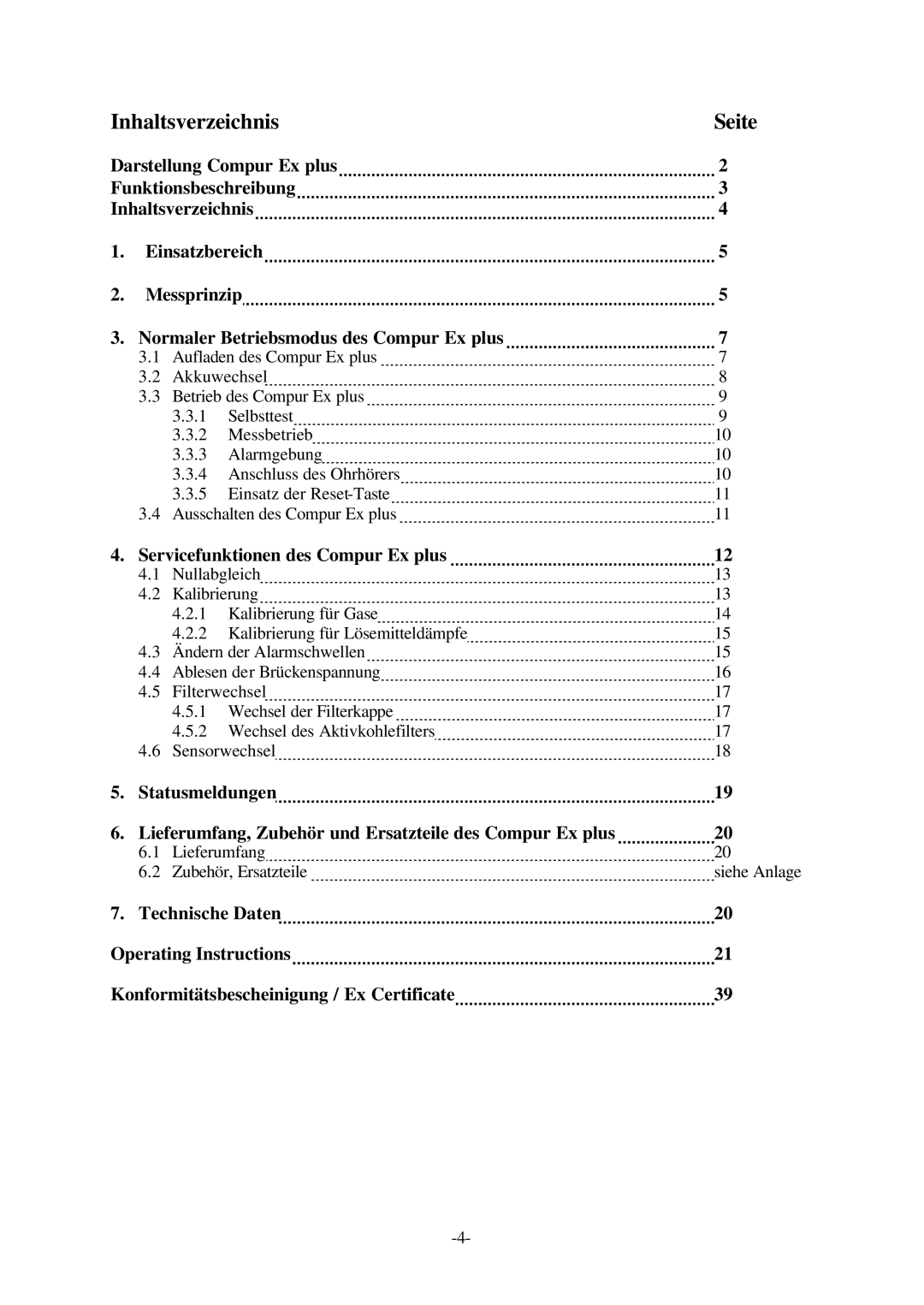 Compur Gas Detector manual Inhaltsverzeichnis Seite, Servicefunktionen des Compur Ex plus 