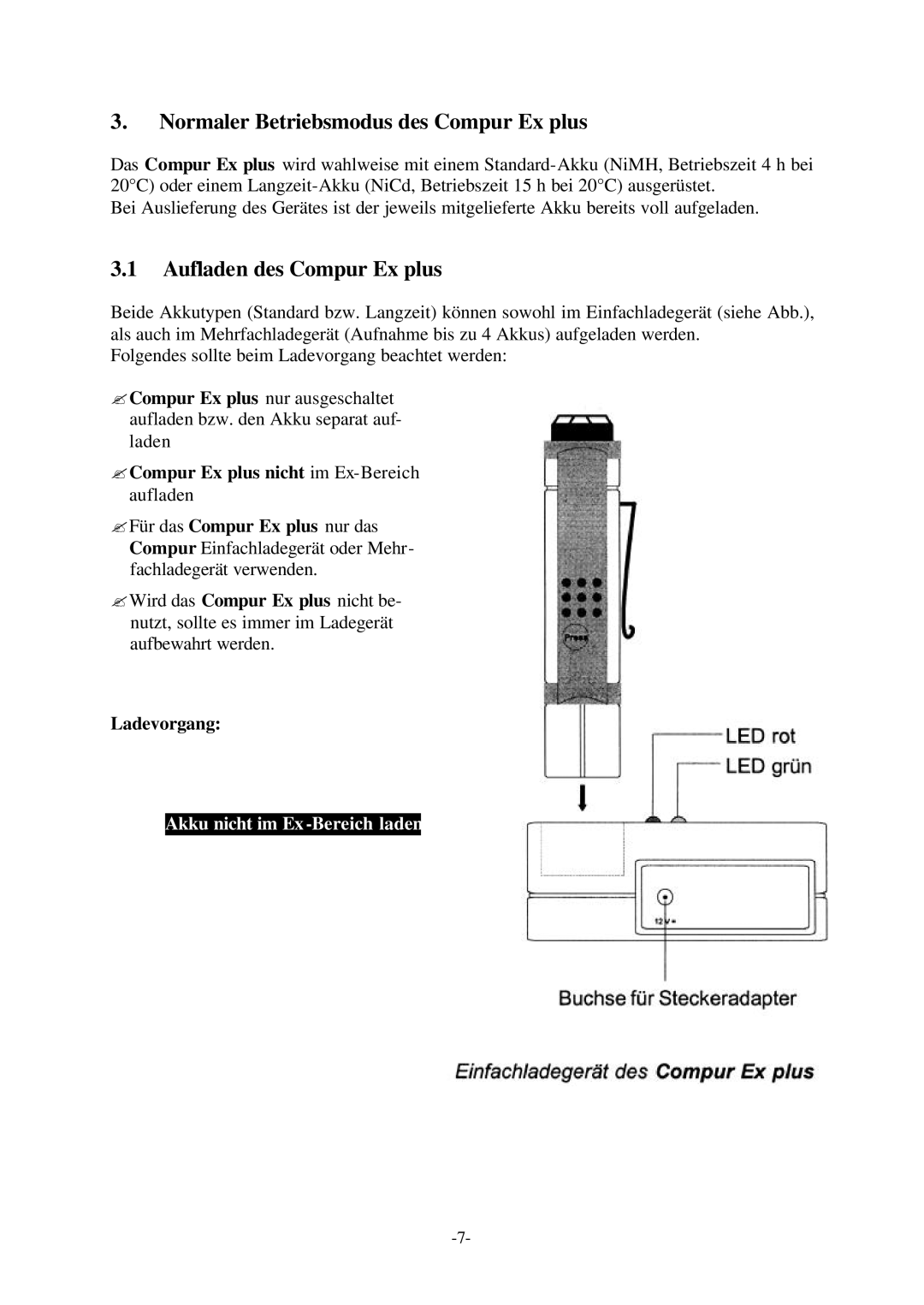 Compur Gas Detector manual Normaler Betriebsmodus des Compur Ex plus, Aufladen des Compur Ex plus, Ladevorgang 