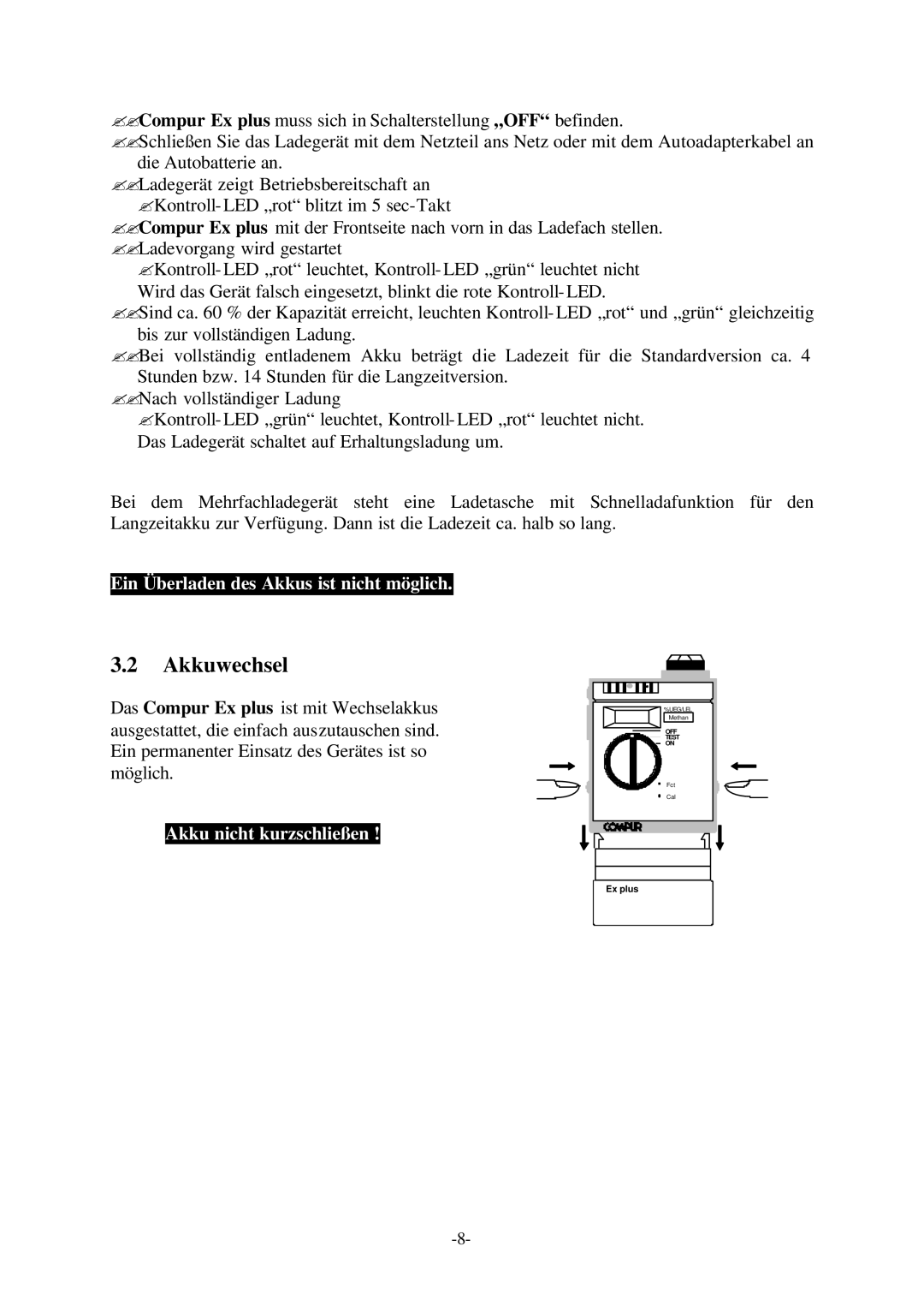 Compur Gas Detector manual Akkuwechsel, Ein Überladen des Akkus ist nicht möglich, Akku nicht kurzschließen 