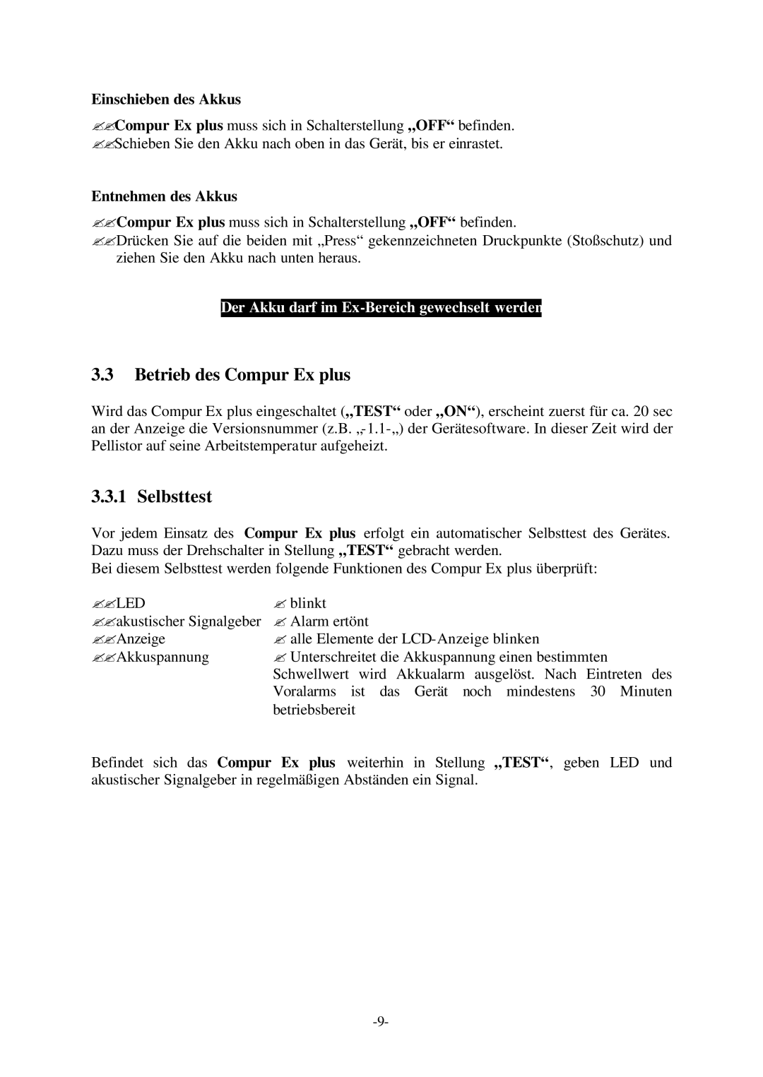 Compur Gas Detector manual Betrieb des Compur Ex plus, Selbsttest, Einschieben des Akkus, Entnehmen des Akkus 